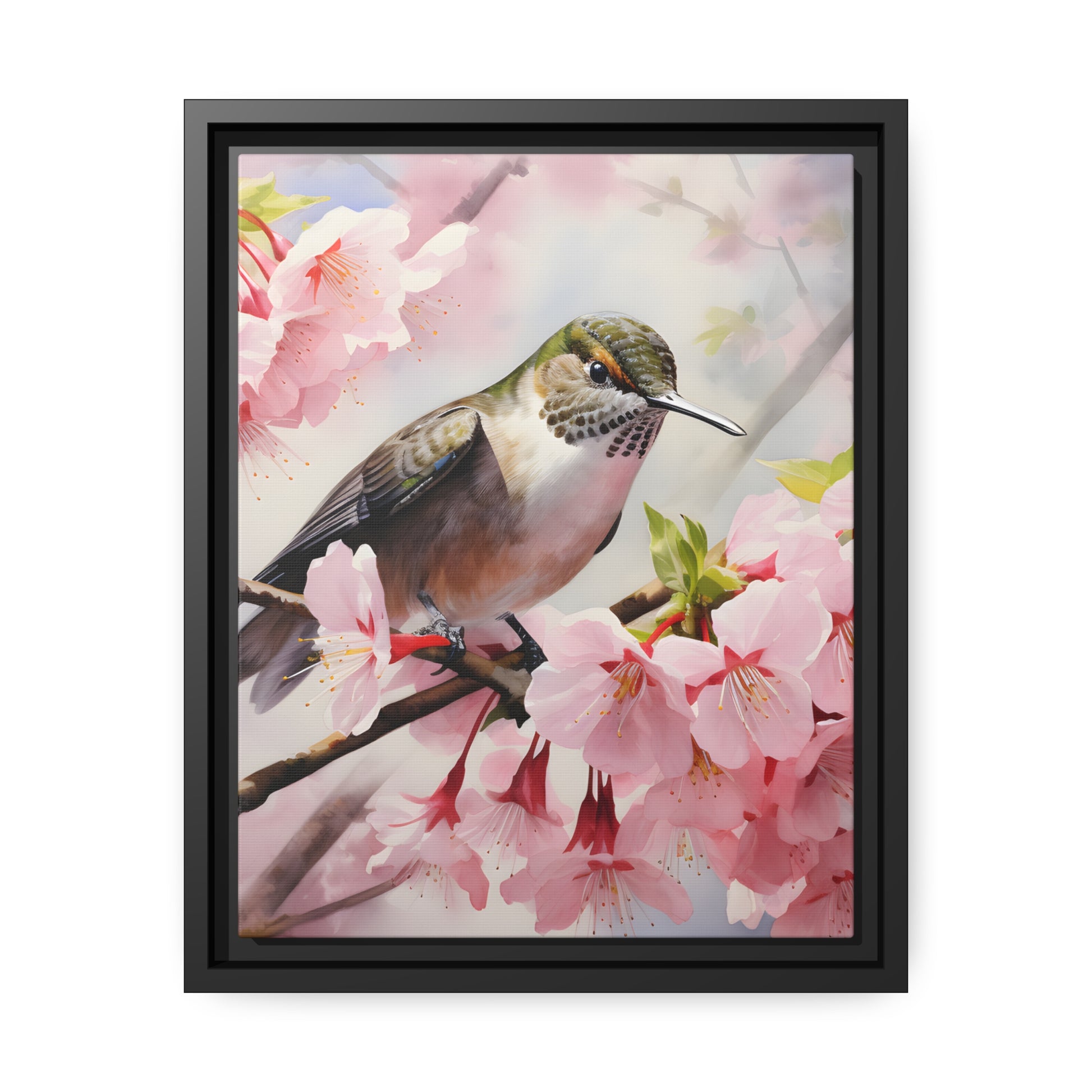 Framed Canvas Artwork Humming Bird Amongst Cherry Blossoms Floating Frame Canvas Artwork