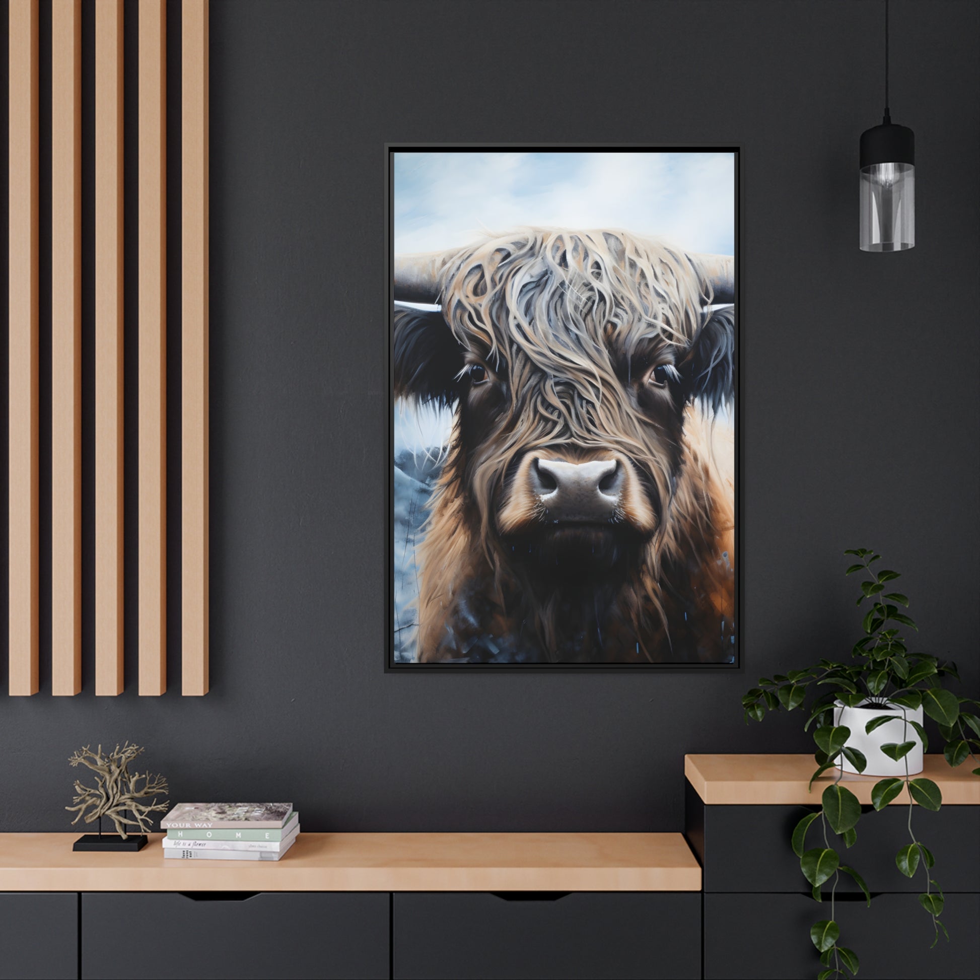 Framed Canvas Artwork Strong Stunning Highlander Bull Emotional Staring Into The Viewer Captivating Highly Detailed Painting Style