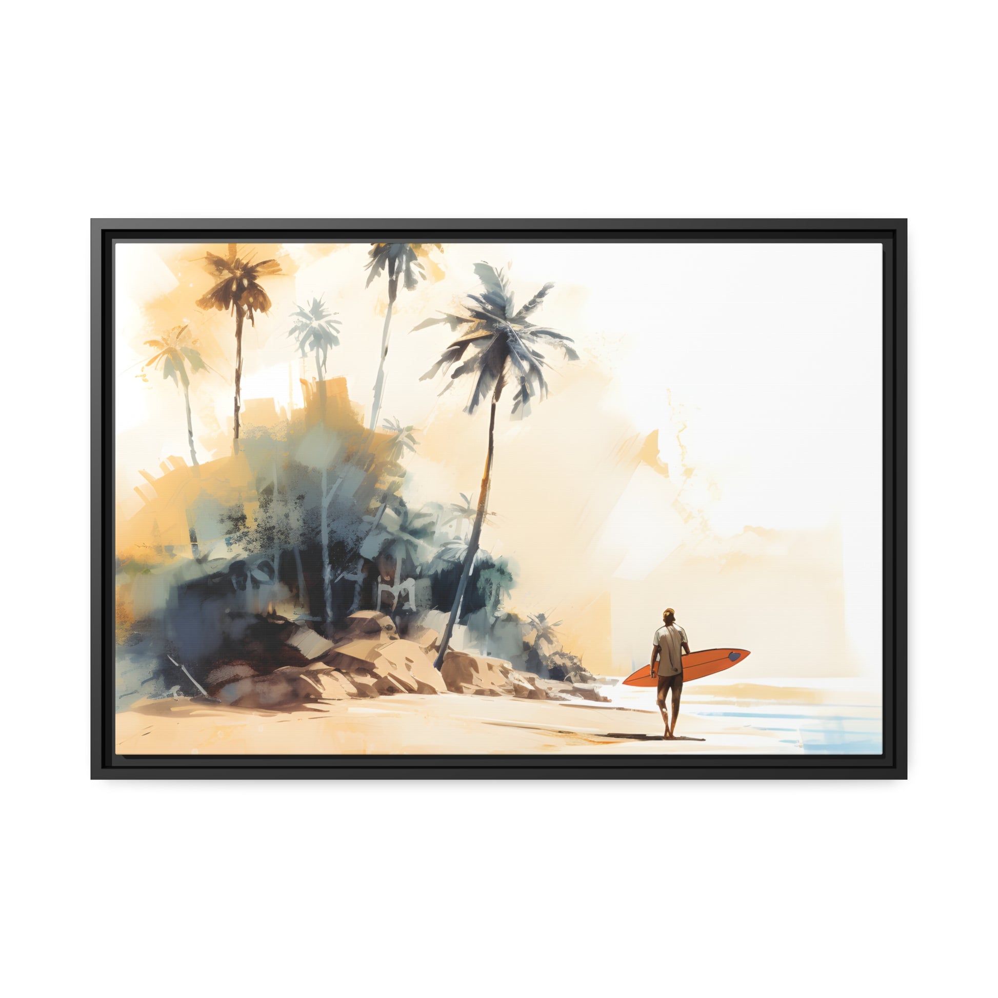 Framed Canvas Artwork Beach Ocean Surfing Art Surfer Walking Up The Beach Holding Surfboard Palm Trees Sets The Tone Floating Frame Canvas Artwork