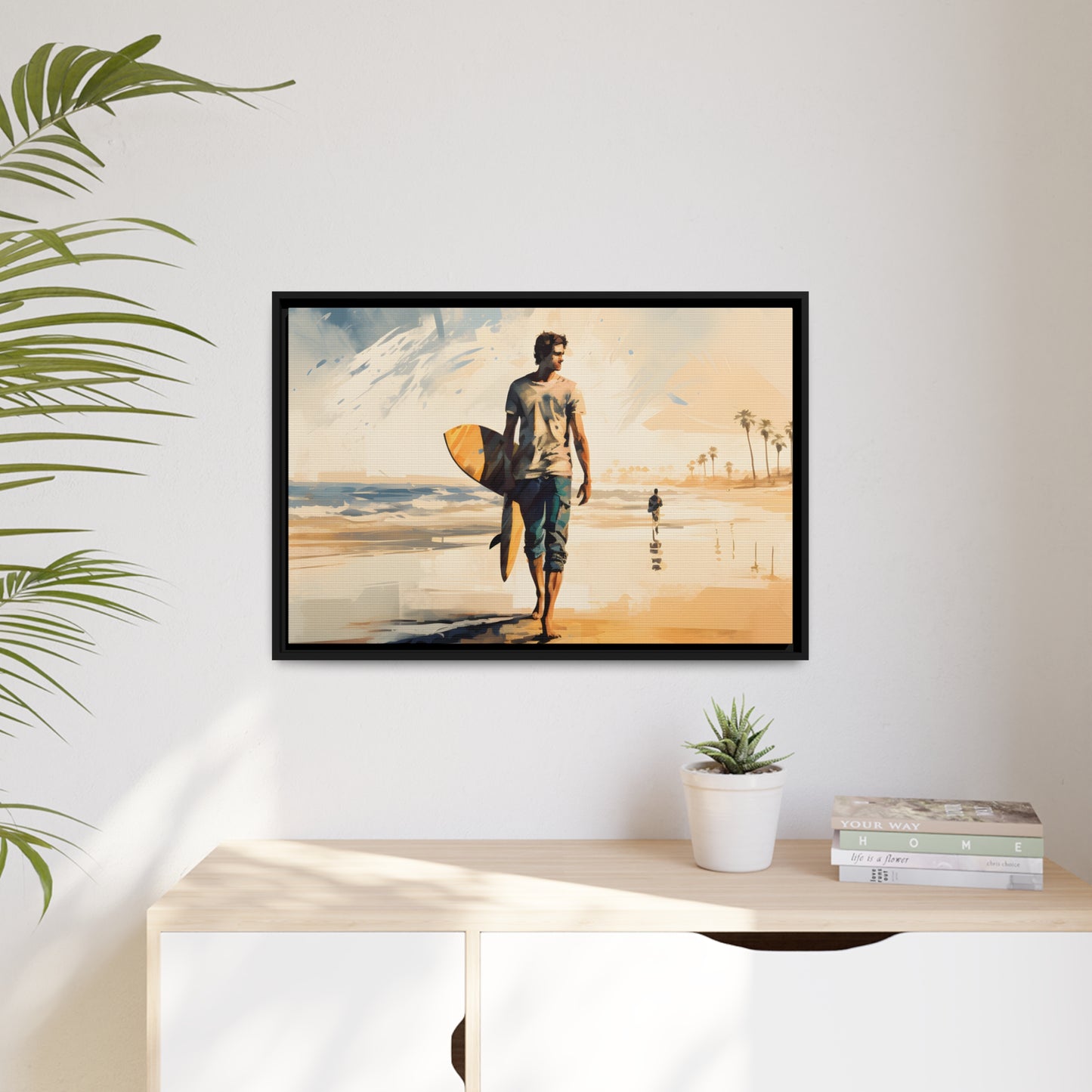 Framed Lifestyle/Ocean Side Artwork Stunning Watercolor Style Framed Painting Waves Surfer Surfing