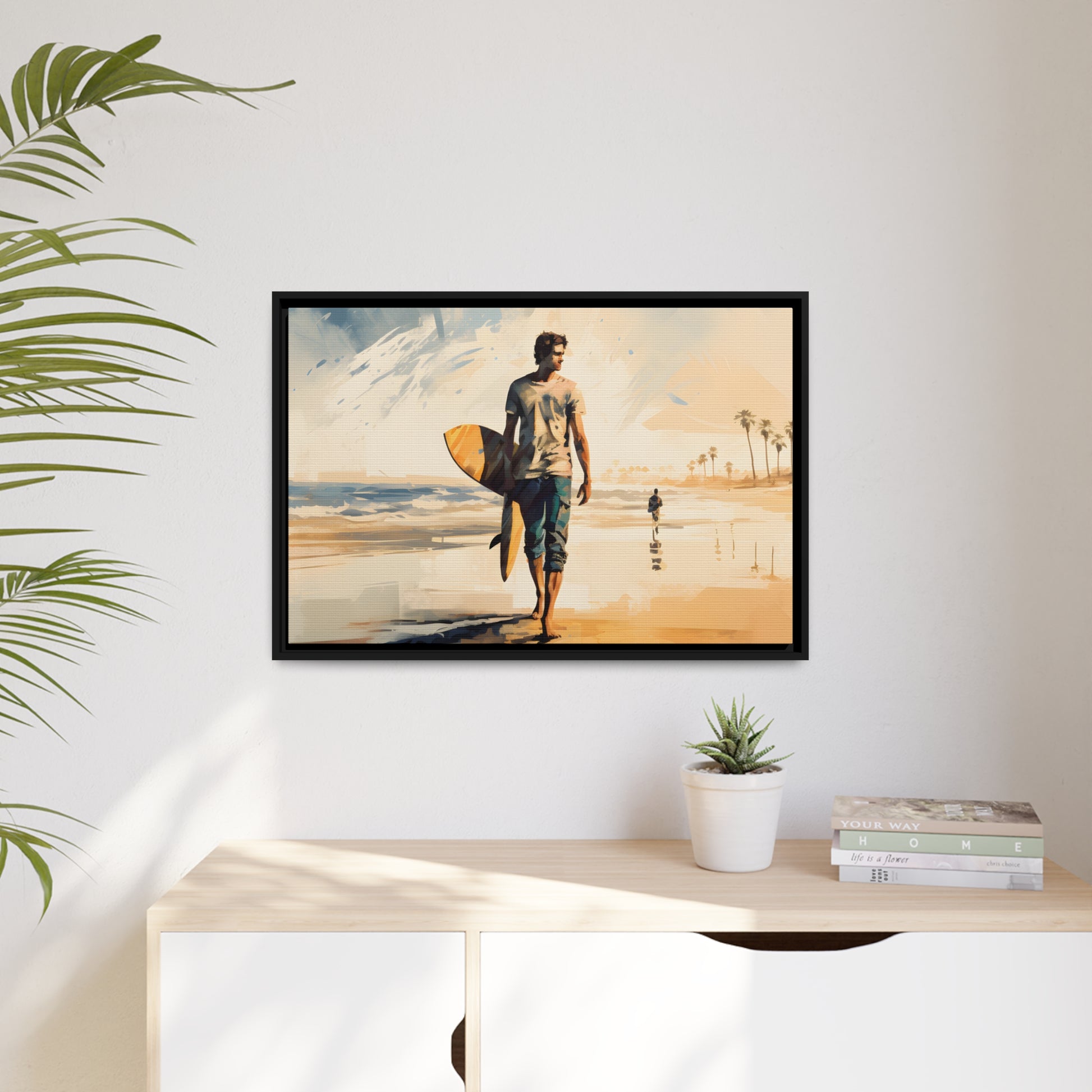 Framed Lifestyle/Ocean Side Artwork Stunning Watercolor Style Framed Painting Waves Surfer Surfing