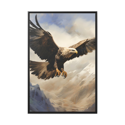 Framed Canvas Artwork Strong Soaring Bald Eagle Snowy Mountains Detailed Painting