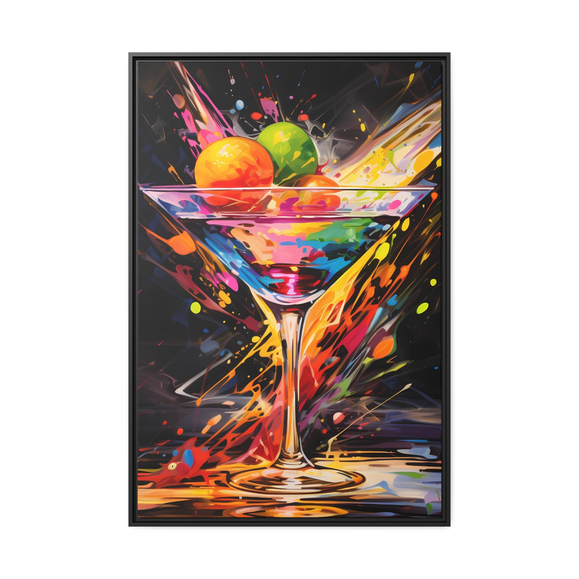 Framed Canvas artwork Bar/Night Life Art Bright Vibrant Neon Splashes Surrounding A Martini Glass Full Of Alcohol On Black Background Framed Canvas Painting Alcohol Art Iced Drink Close Up 