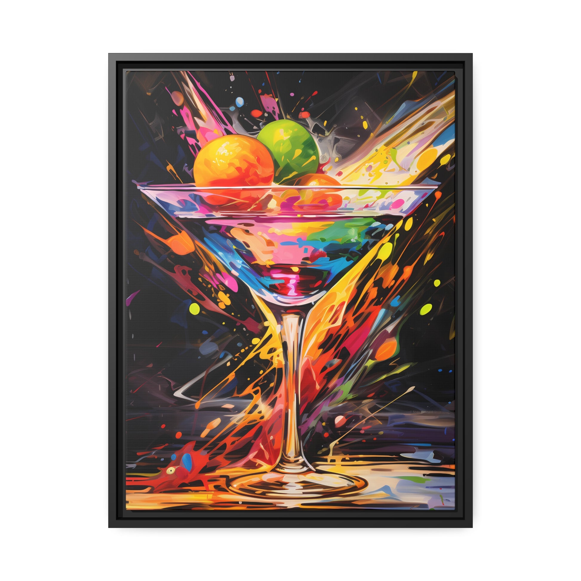 Framed Canvas artwork Bar/Night Life Art Bright Vibrant Neon Splashes Surrounding A Martini Glass Full Of Alcohol On Black Background Framed Canvas Painting Alcohol Art Iced Drink Close Up 