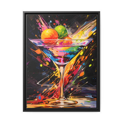 Framed Canvas artwork Bar/Night Life Art Bright Vibrant Neon Splashes Surrounding A Martini Glass Full Of Alcohol On Black Background Framed Canvas Painting Alcohol Art Iced Drink Close Up 