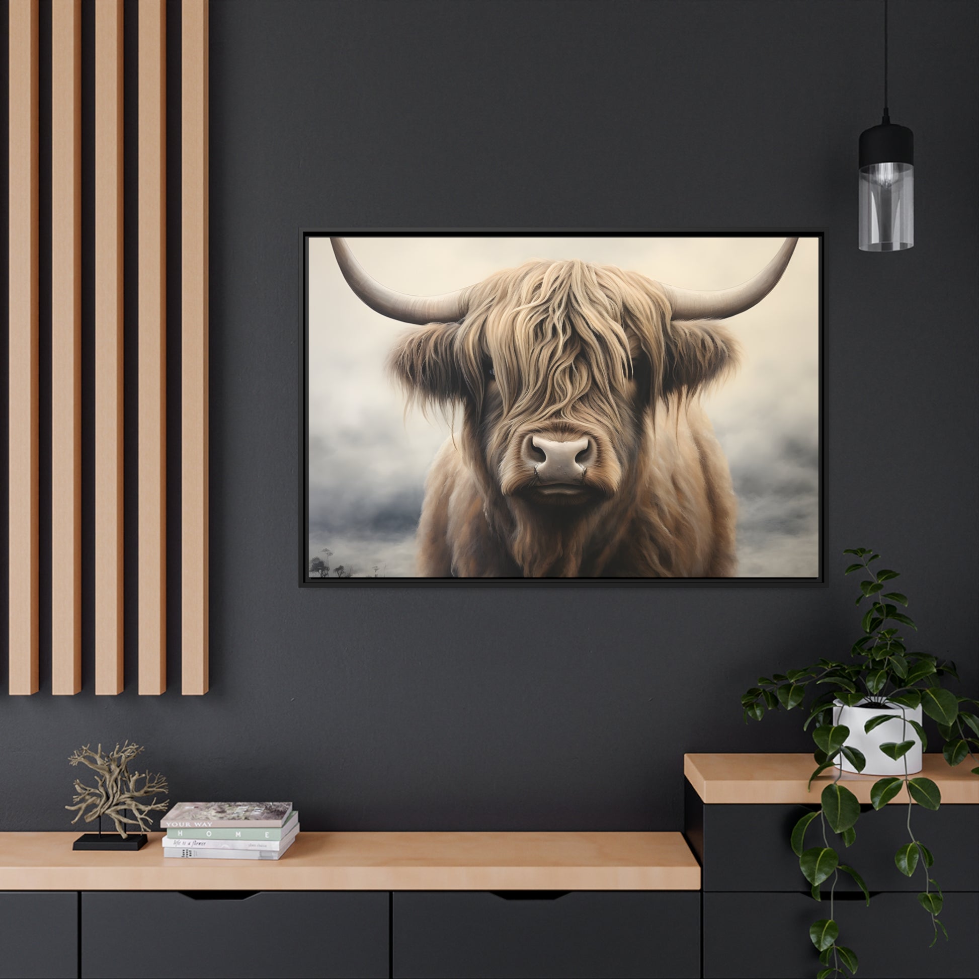 Framed Canvas Artwork Strong Stunning Highlander Bull Sunlit Staring Into The Viewer Captivating Painting Style