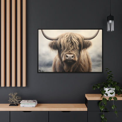 Framed Canvas Artwork Strong Stunning Highlander Bull Sunlit Staring Into The Viewer Captivating Painting Style