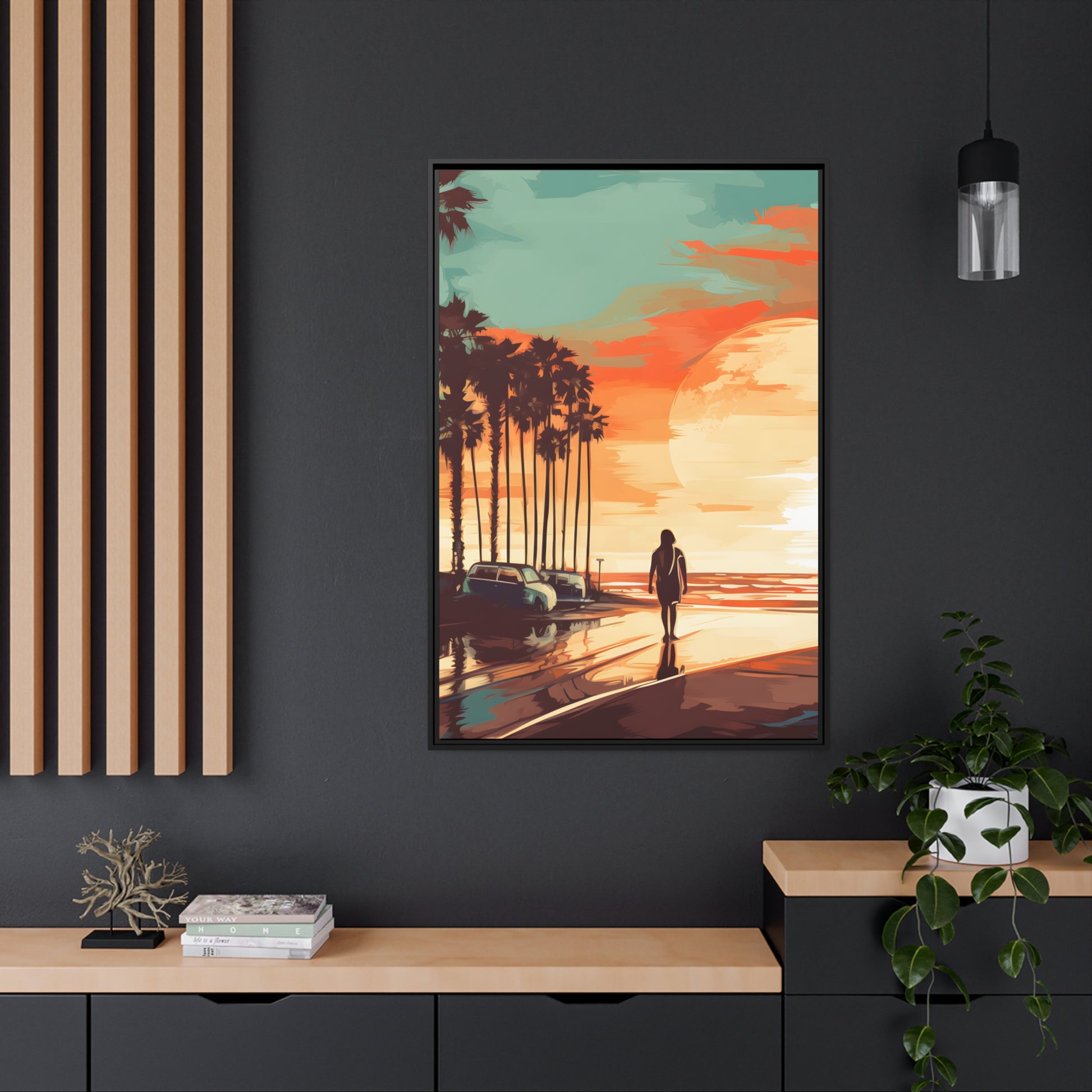 Framed Canvas artwork sunset watercolor oceanside framed painting Warm Colors Vintage Cars And A Large Sun Setting Into The Horizon Floating Canvas Framed Artwork