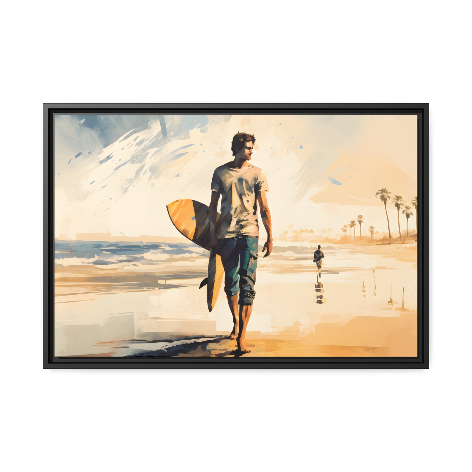 Framed Lifestyle/Ocean Side Artwork Stunning Watercolor Style Framed Painting Waves Surfer Surfing