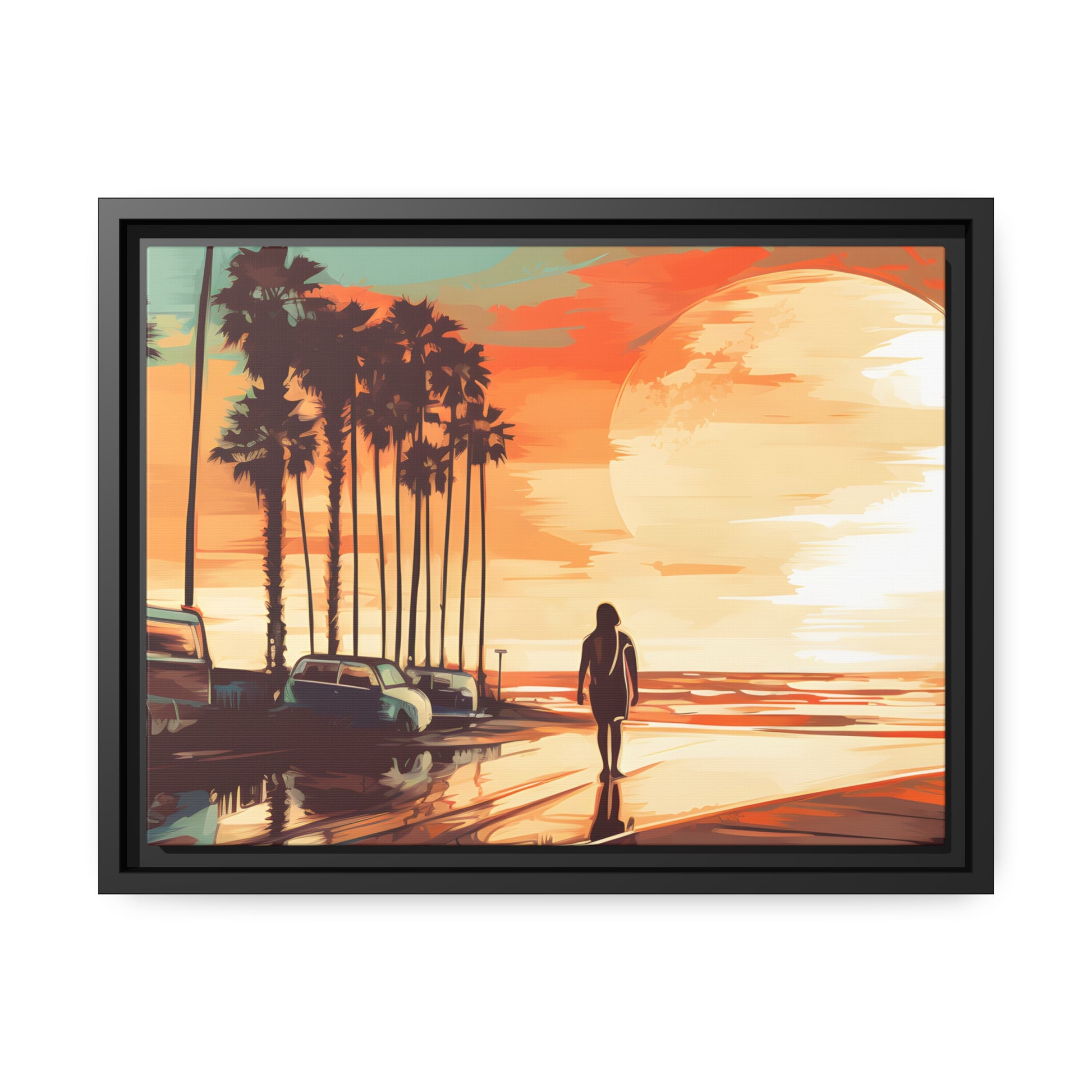 Framed Canvas artwork sunset watercolor oceanside framed painting Warm Colors Vintage Cars And A Large Sun Setting Into The Horizon Floating Canvas Framed Artwork