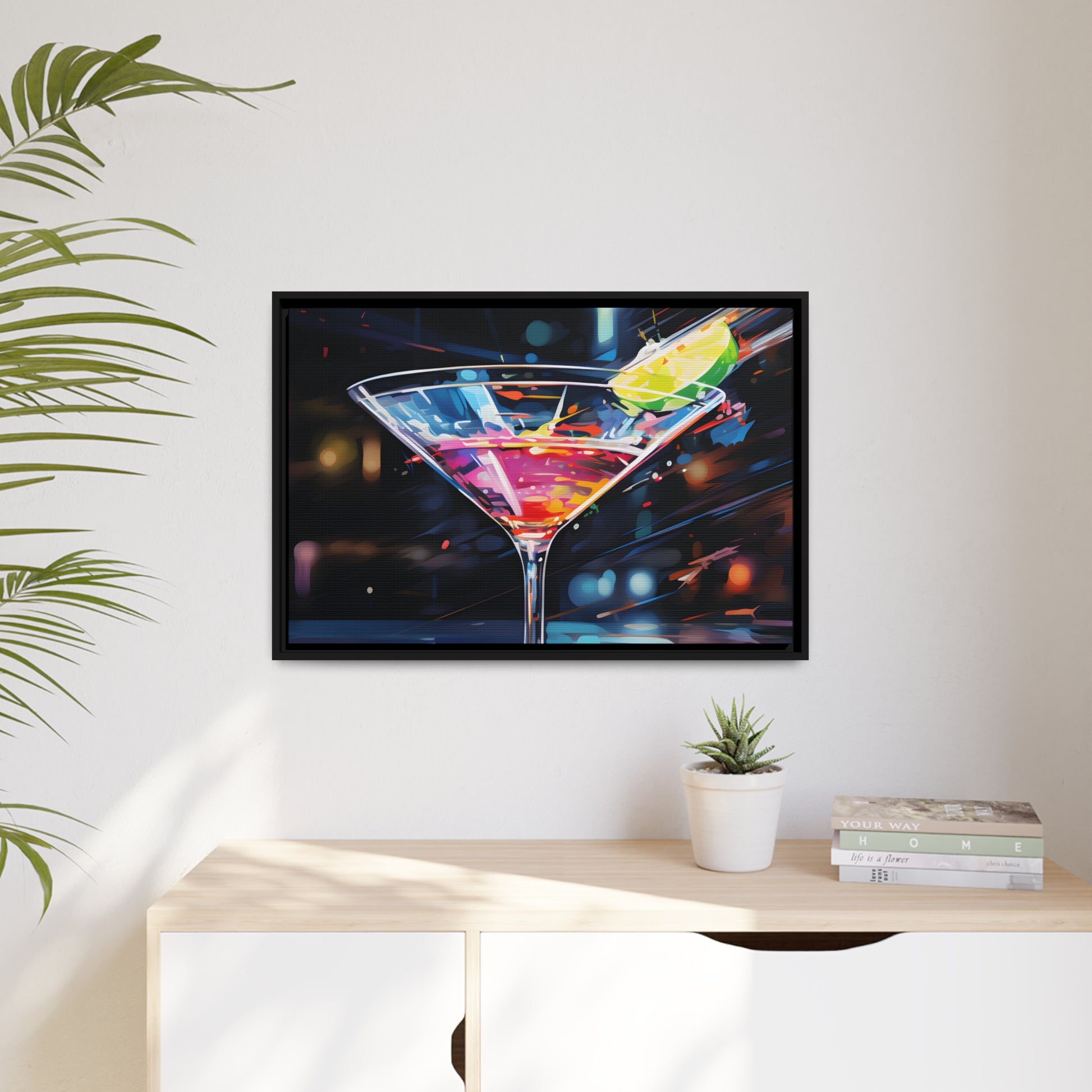 Martini Glass Lined With Lime and a Colorful Drink All in a Watercolor Style Painting Framed Canvas Artwork