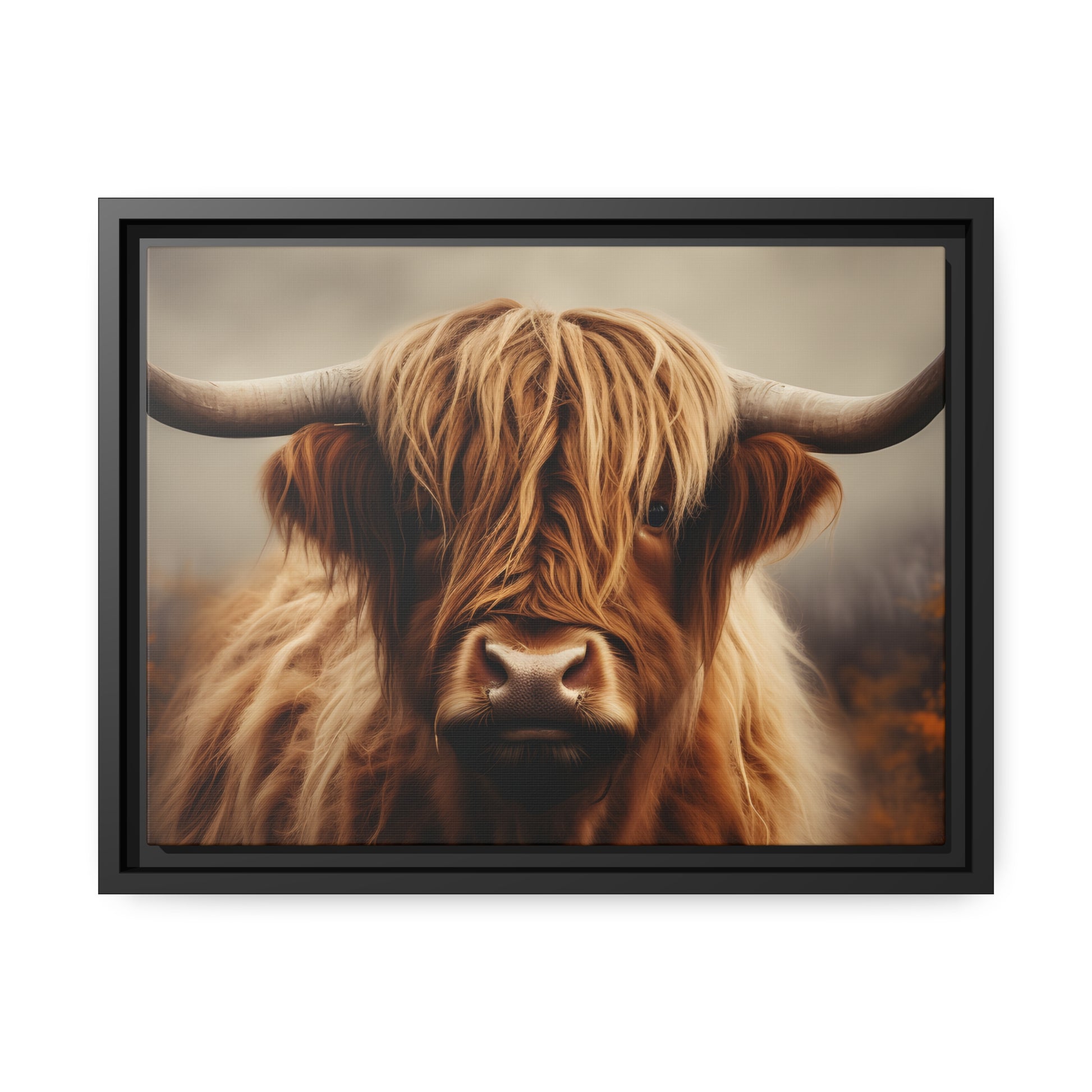 Framed Canvas Artwork Strong Stunning Highlander Bull Warm Fiery Background Emotional Staring Into The Viewer Captivating Highly Detailed Painting Style Perfect To Warm Up A Homestead Or Country Home