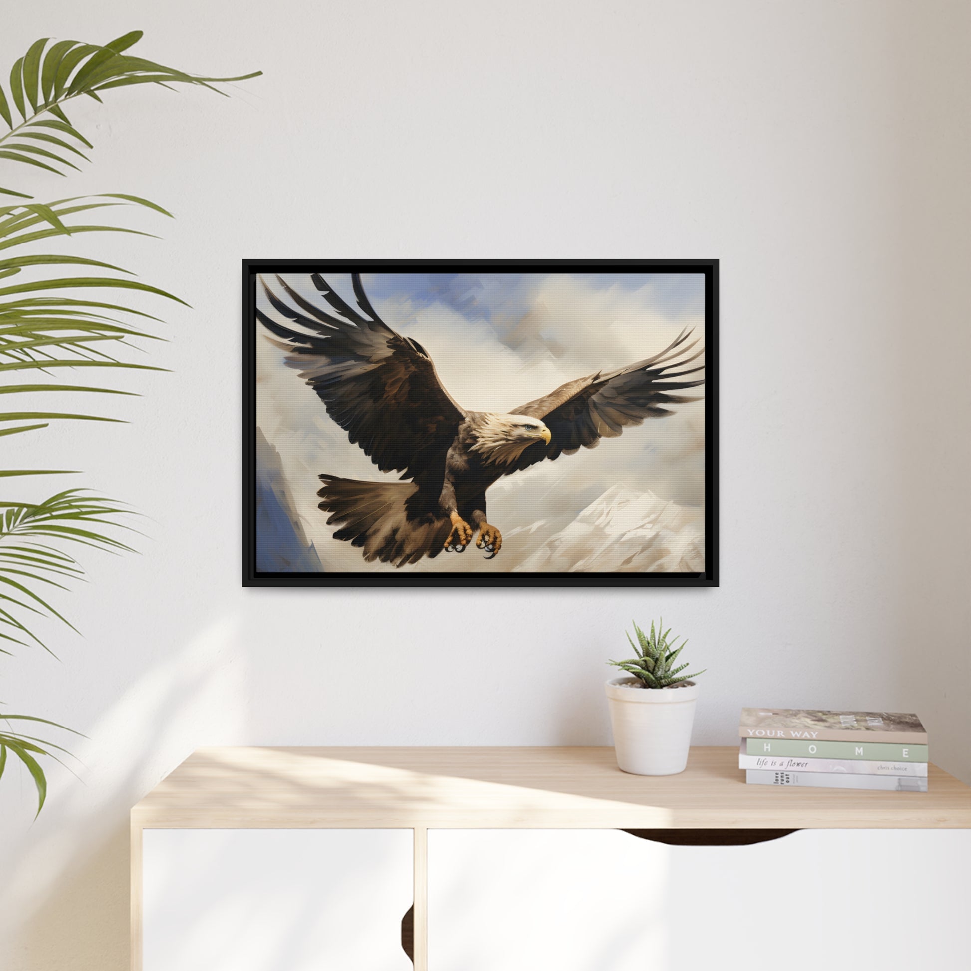 Framed Canvas Artwork Strong Soaring Bald Eagle Snowy Mountains Detailed Painting