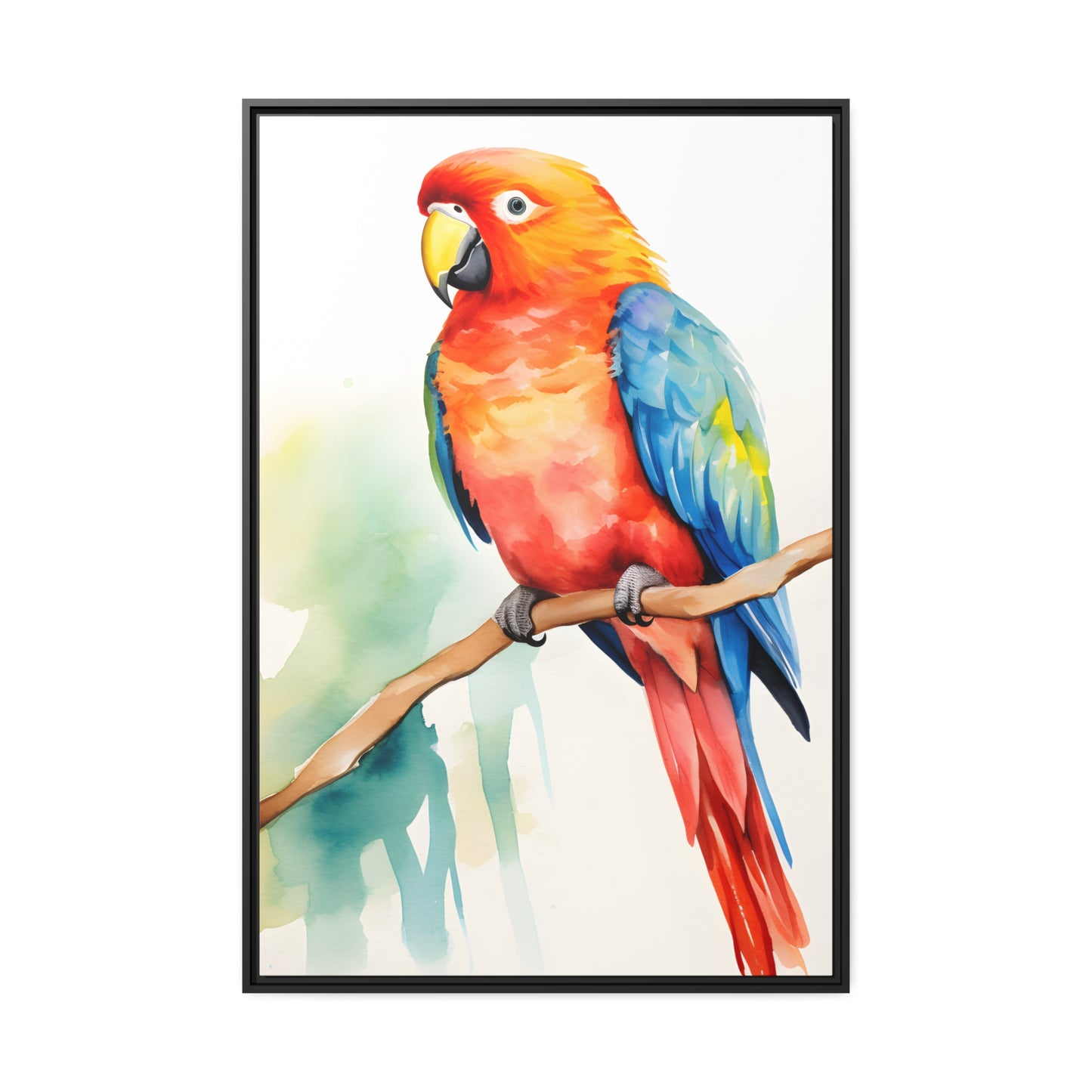Framed Canvas Artwork Bright Red Parrot With Blue Wings Perched On A Tree Branch Water Color Painting Style