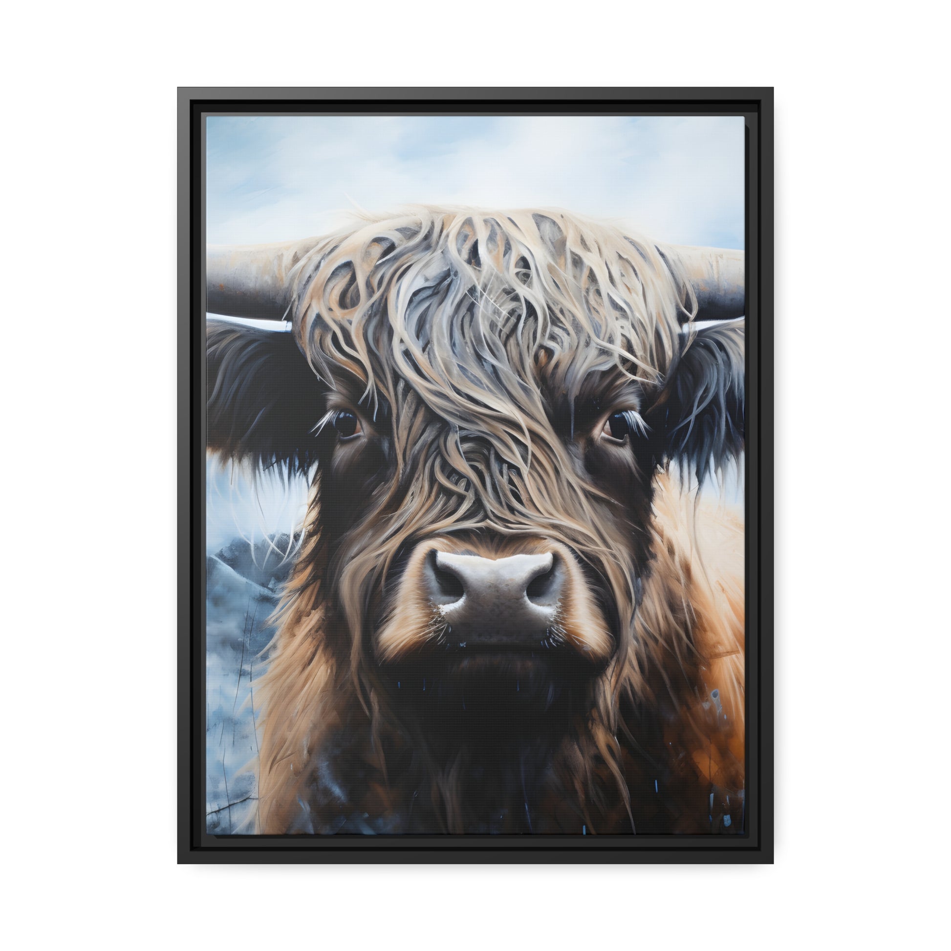 Framed Canvas Artwork Strong Stunning Highlander Bull Emotional Staring Into The Viewer Captivating Highly Detailed Painting Style