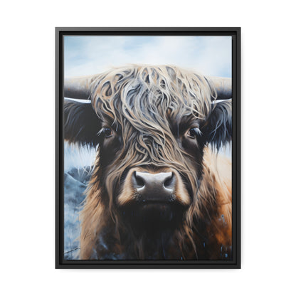 Framed Canvas Artwork Strong Stunning Highlander Bull Emotional Staring Into The Viewer Captivating Highly Detailed Painting Style