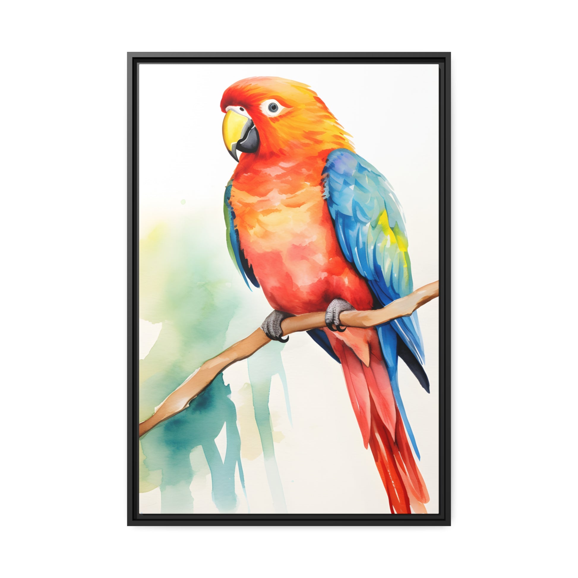Framed Canvas Artwork Bright Red Parrot With Blue Wings Perched On A Tree Branch Water Color Painting Style