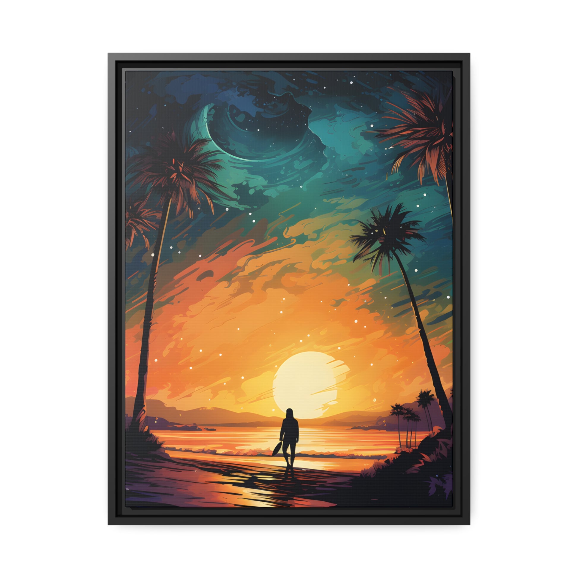 Framed Canvas Lifestyle/Ocean Side Artwork Smooth Ocean Water Dark Sunset Palm Tree Silhouettes Line The Pathway Large Sun Setting In Line With Perspective Moon Lit Star Filled Night Sky Floating Canvas Framed Artwork