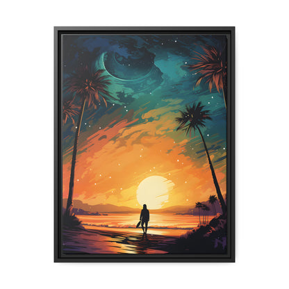 Framed Canvas Lifestyle/Ocean Side Artwork Smooth Ocean Water Dark Sunset Palm Tree Silhouettes Line The Pathway Large Sun Setting In Line With Perspective Moon Lit Star Filled Night Sky Floating Canvas Framed Artwork