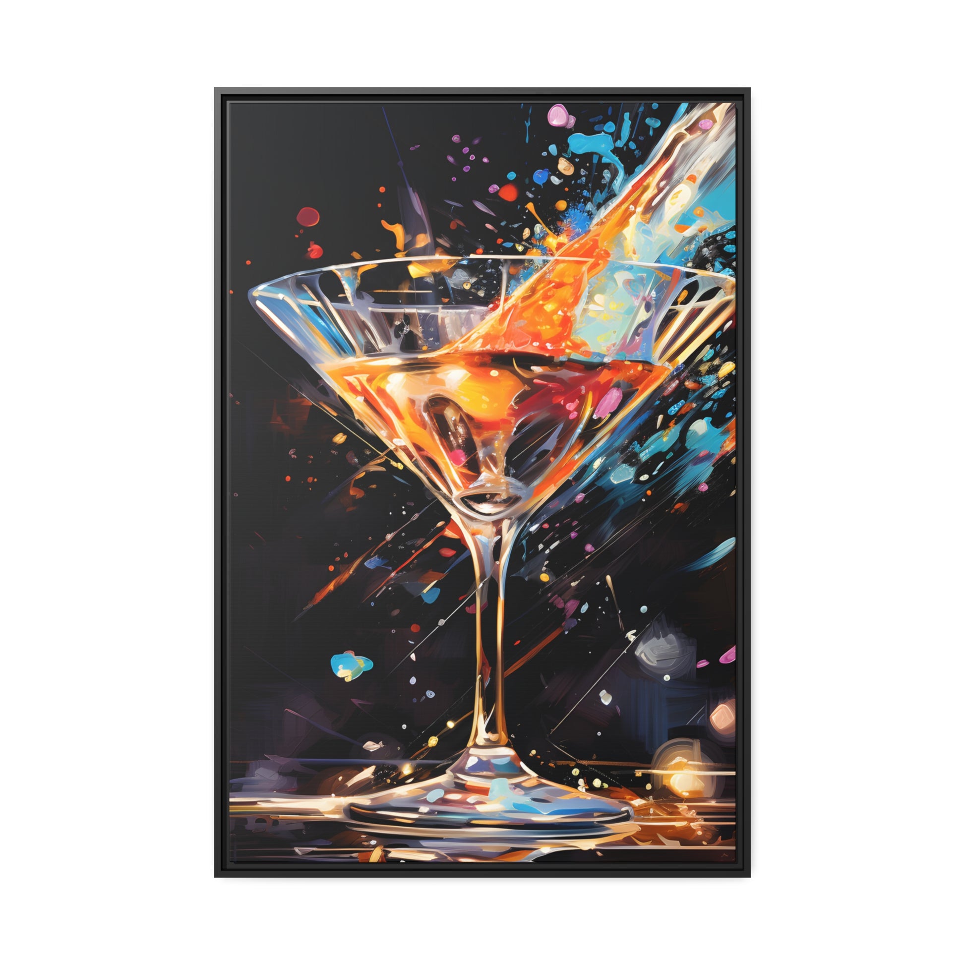 Framed Canvas artwork Bar/Night Life Art Bright Vibrant Neon Splashes Surrounding A Martini Glass Full Of Alcohol On Black Background Framed Canvas Painting Alcohol Art Close Up 