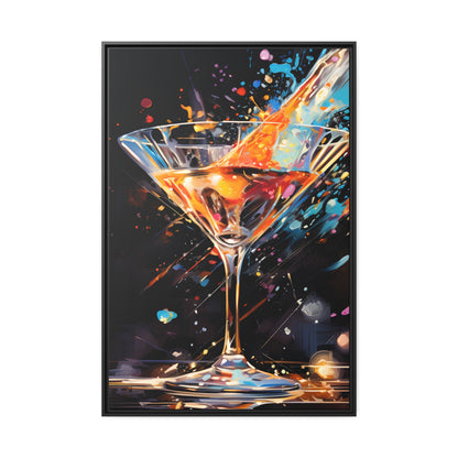 Framed Canvas artwork Bar/Night Life Art Bright Vibrant Neon Splashes Surrounding A Martini Glass Full Of Alcohol On Black Background Framed Canvas Painting Alcohol Art Close Up 