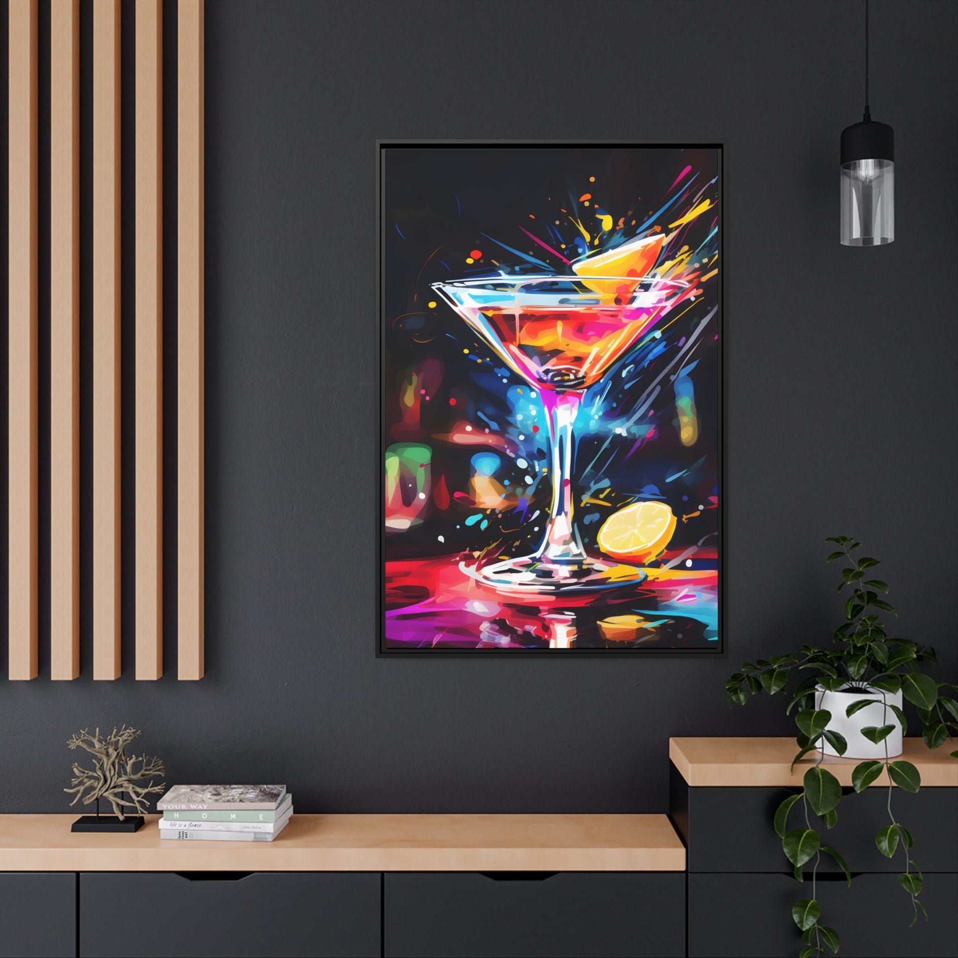 Framed Canvas artwork Bar/Night Life Art Bright Neon Splashes Surrounding A Martini Glass Full Of AlcoholFramed Canvas Painting Alcohol Art Iced Drink Close Up