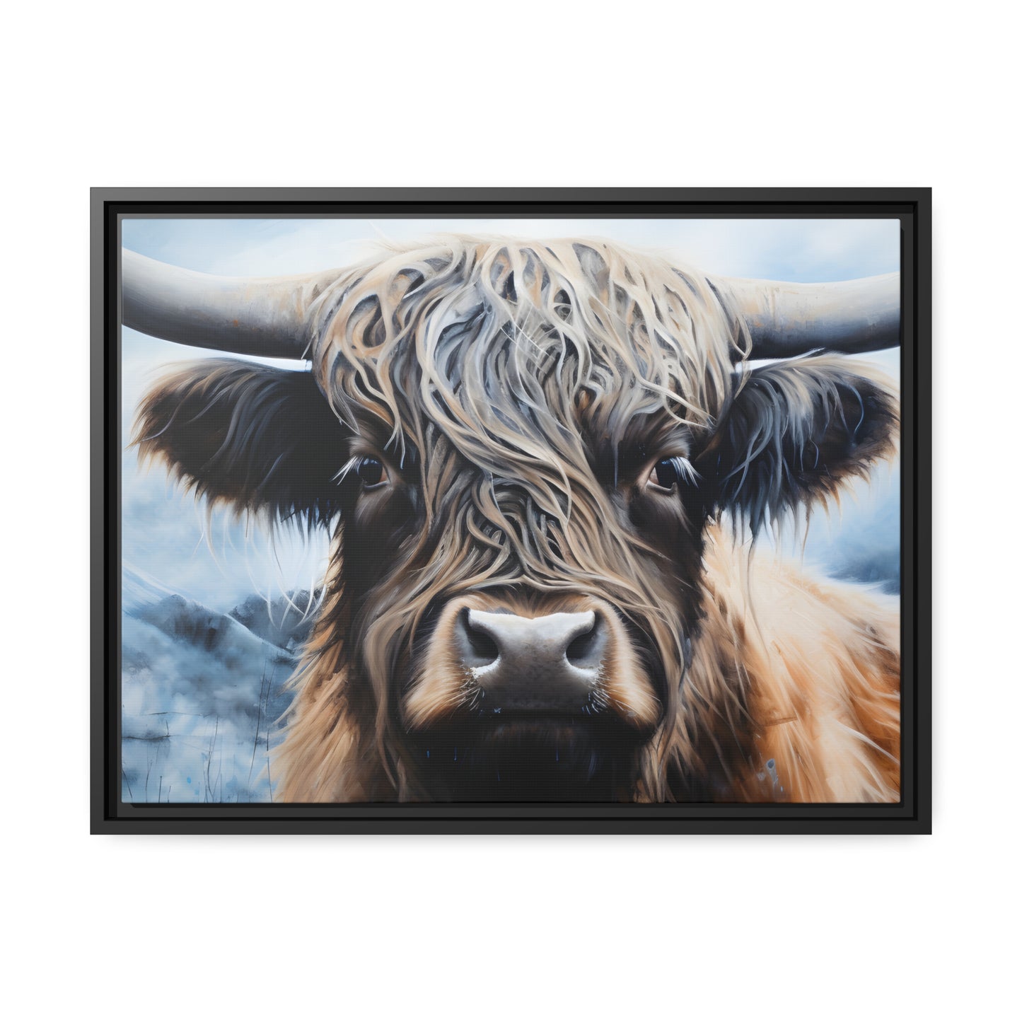 Framed Canvas Artwork Strong Stunning Highlander Bull Emotional Staring Into The Viewer Captivating Highly Detailed Painting Style