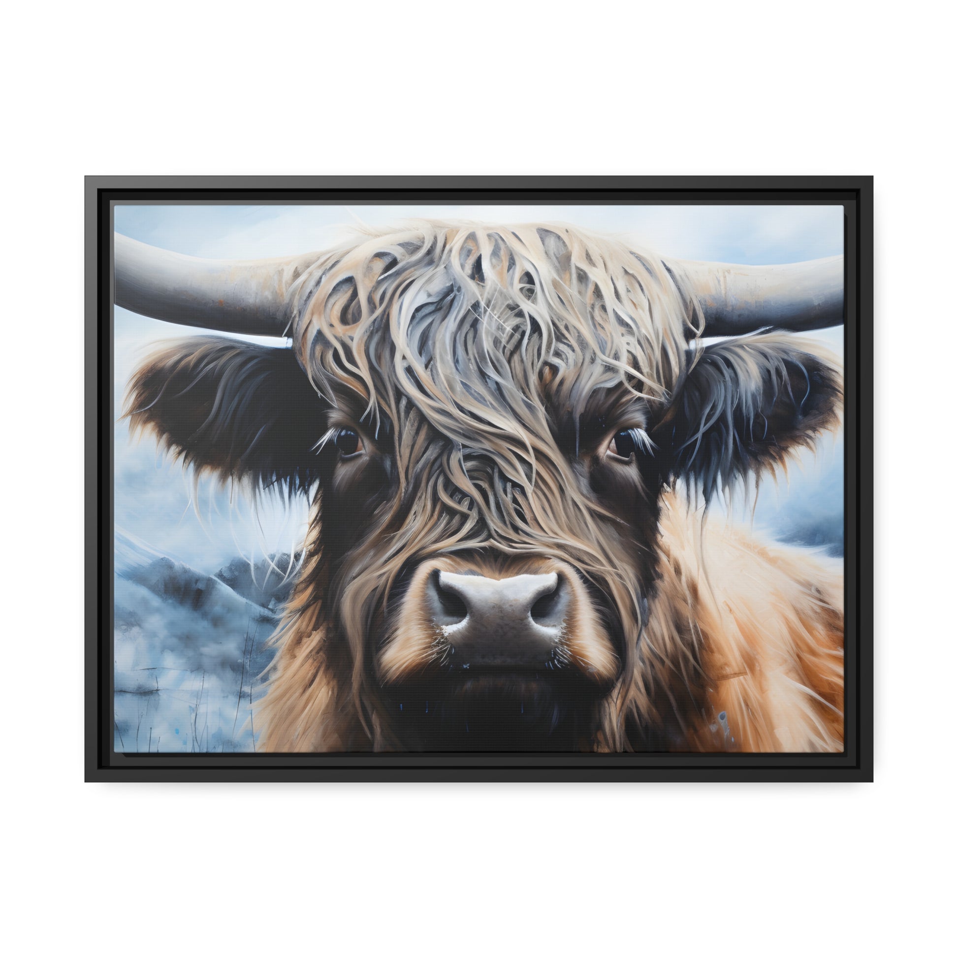 Framed Canvas Artwork Strong Stunning Highlander Bull Emotional Staring Into The Viewer Captivating Highly Detailed Painting Style