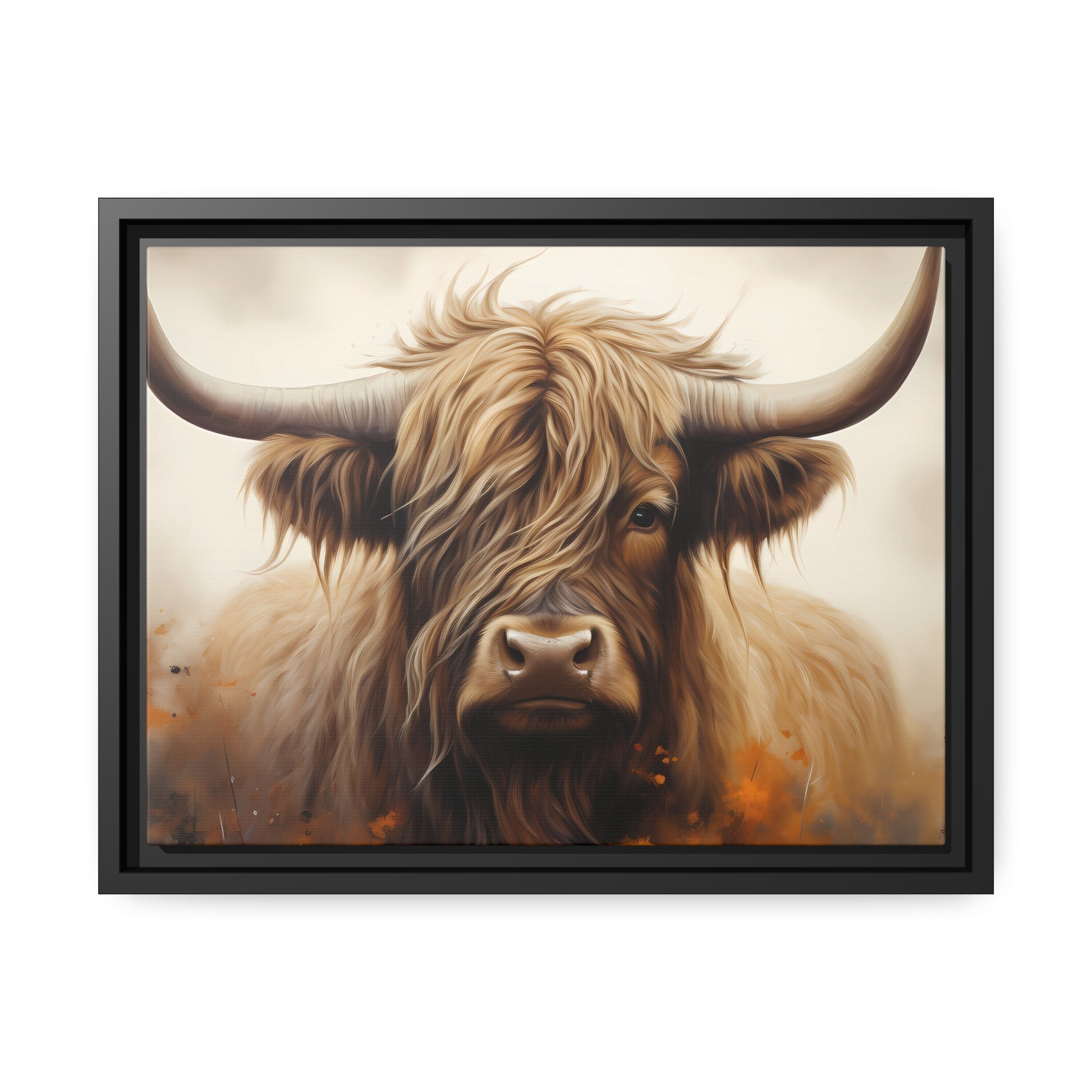 Framed Canvas Artwork Strong Stunning Highlander Bull Warm Fiery Flames Emotional Stylish Bull Staring Into The Viewer Captivating Highly Detailed Painting Style Perfect To Warm Up A Homestead Or Country Home