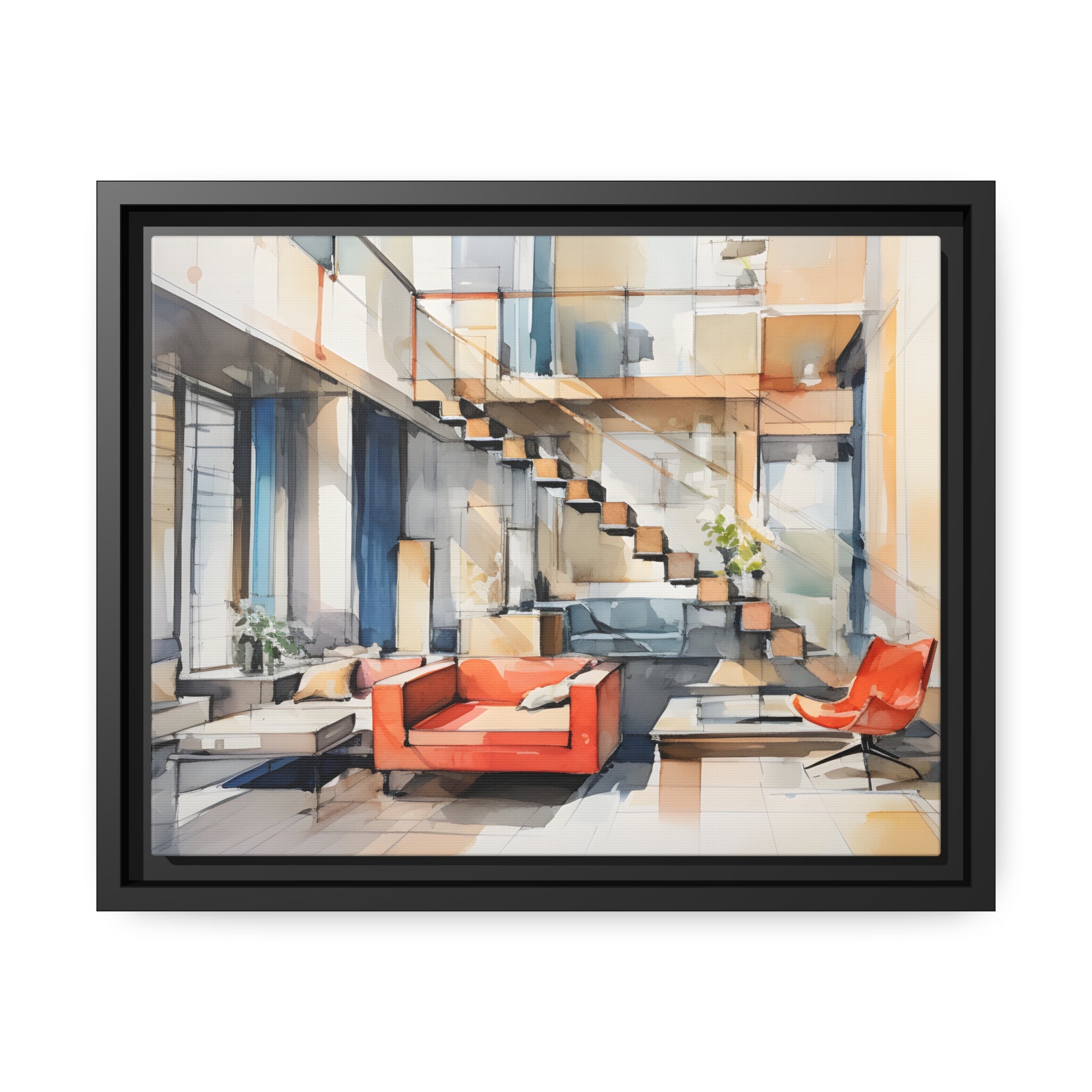 Framed Canvas Artwork Water Color Style Home Decor Red Loounge Lifestyle Floating Frame Canvas 