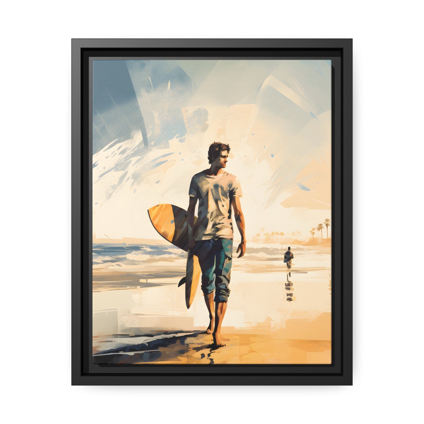 Framed Lifestyle/Ocean Side Artwork Stunning Watercolor Style Framed Painting Waves Surfer Surfing