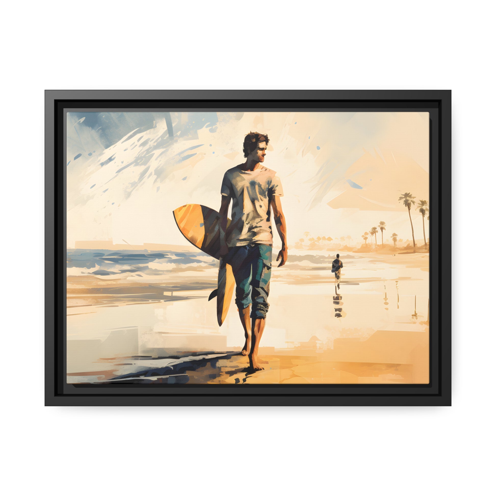 Framed Lifestyle/Ocean Side Artwork Stunning Watercolor Style Framed Painting Waves Surfer Surfing