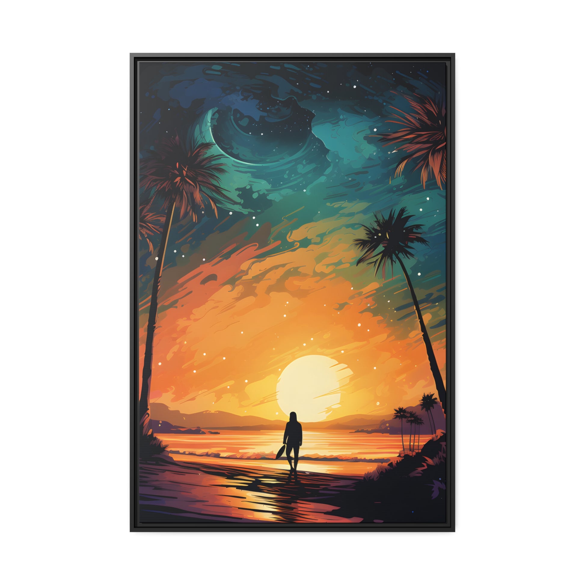Framed Canvas Lifestyle/Ocean Side Artwork Smooth Ocean Water Dark Sunset Palm Tree Silhouettes Line The Pathway Large Sun Setting In Line With Perspective Moon Lit Star Filled Night Sky Floating Canvas Framed Artwork
