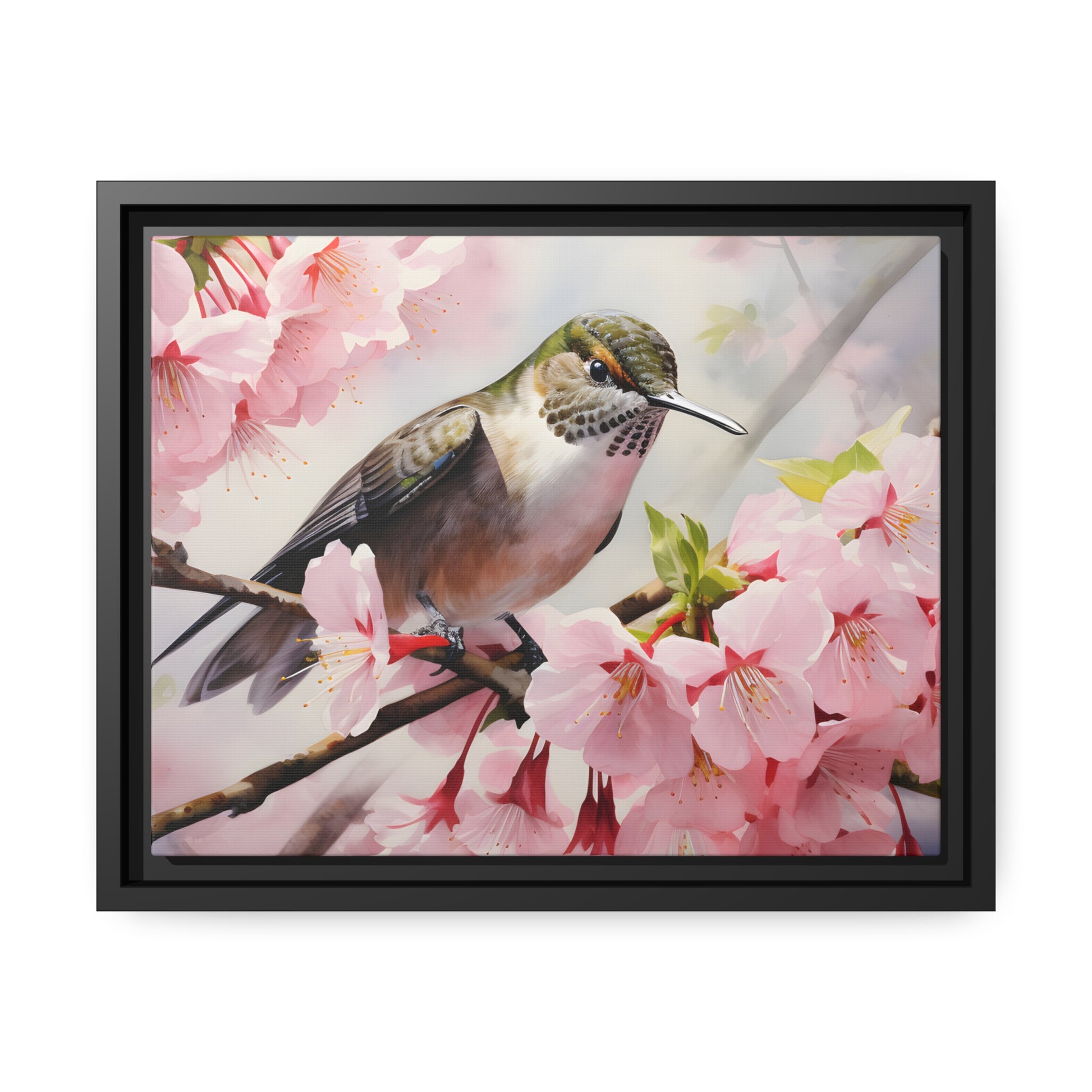 Framed Canvas Artwork Humming Bird Amongst Cherry Blossoms Floating Frame Canvas Artwork