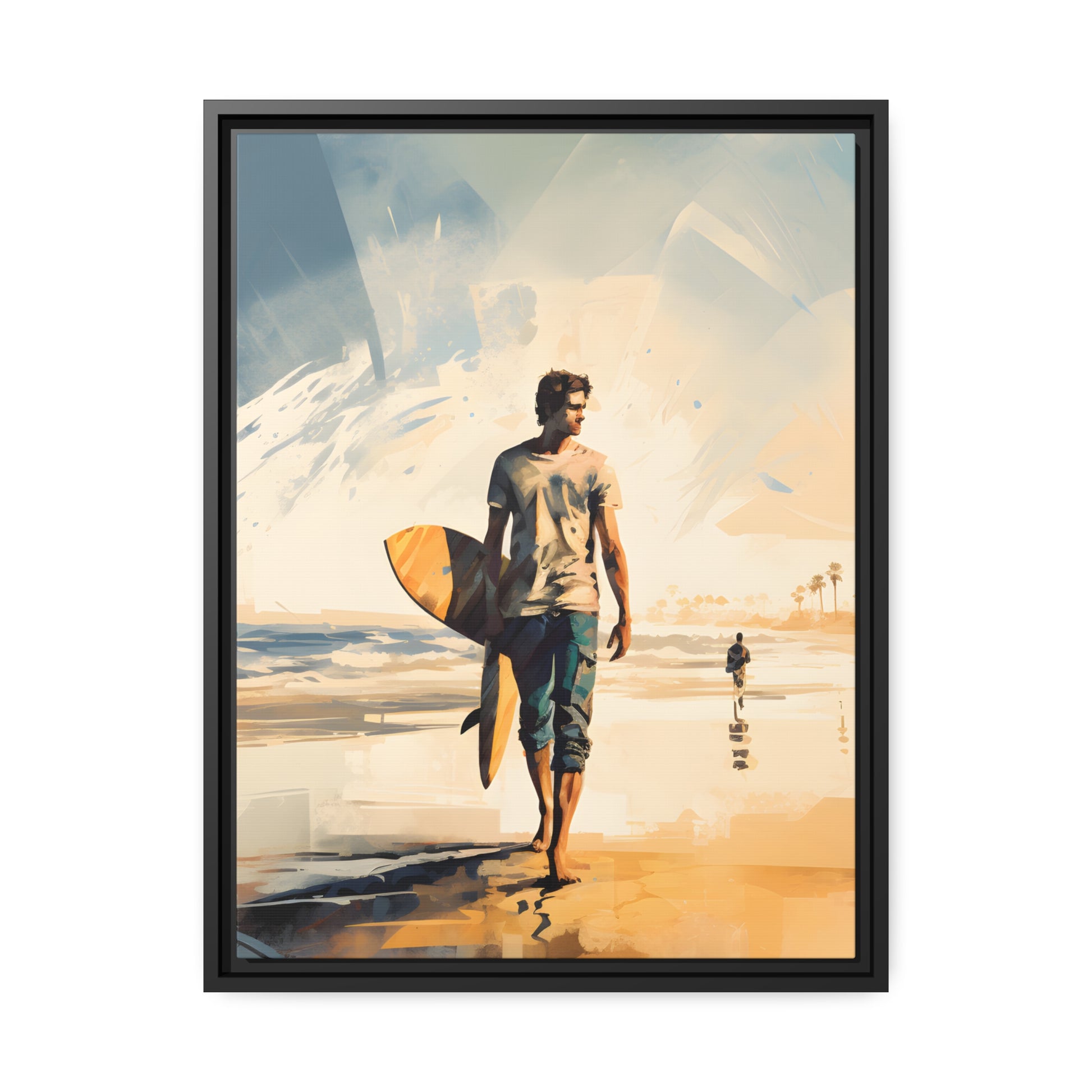 Framed Lifestyle/Ocean Side Artwork Stunning Watercolor Style Framed Painting Waves Surfer Surfing