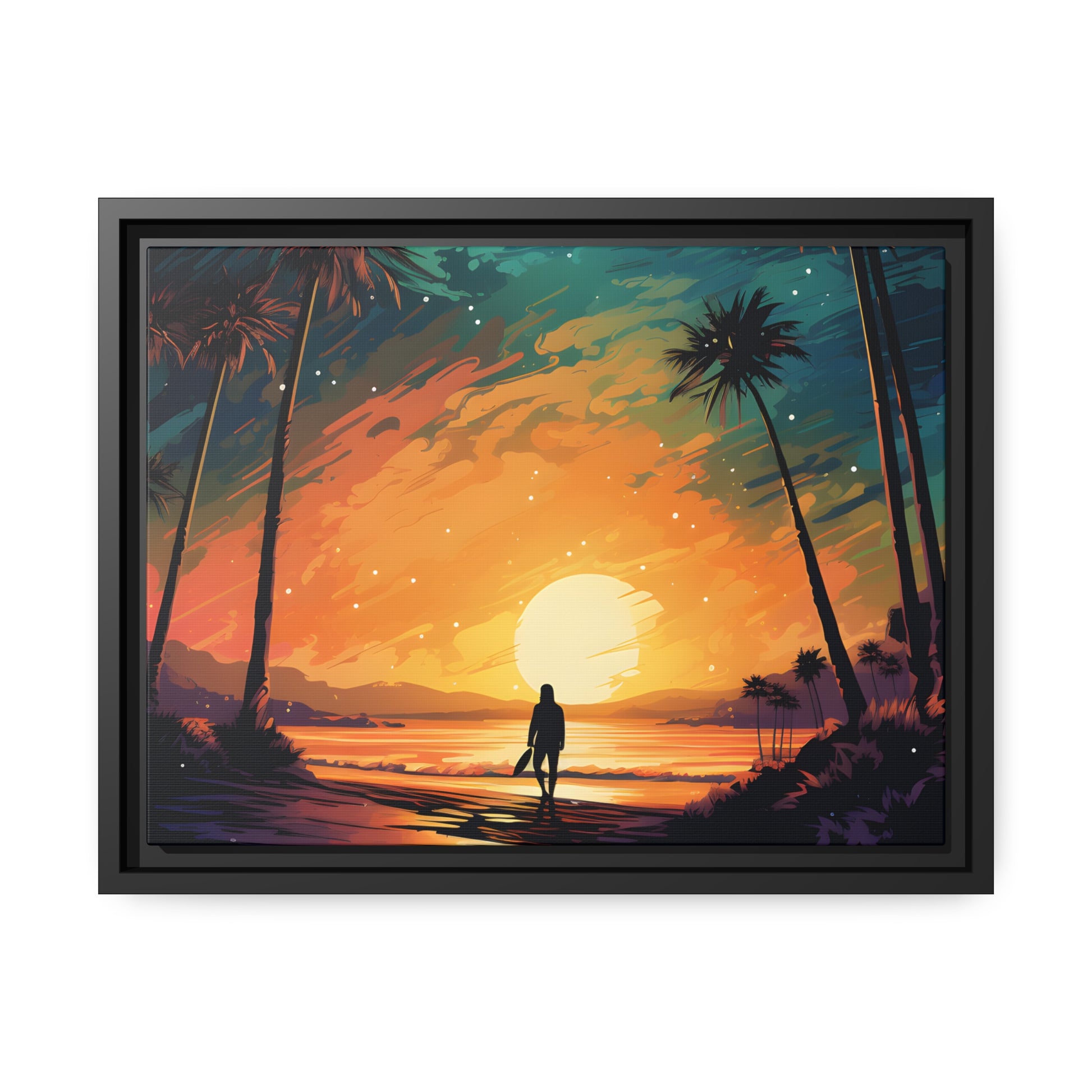 Framed Canvas Lifestyle/Ocean Side Artwork Smooth Ocean Water Dark Sunset Palm Tree Silhouettes Line The Pathway Large Sun Setting In Line With Perspective Moon Lit Star Filled Night Sky Floating Canvas Framed Artwork