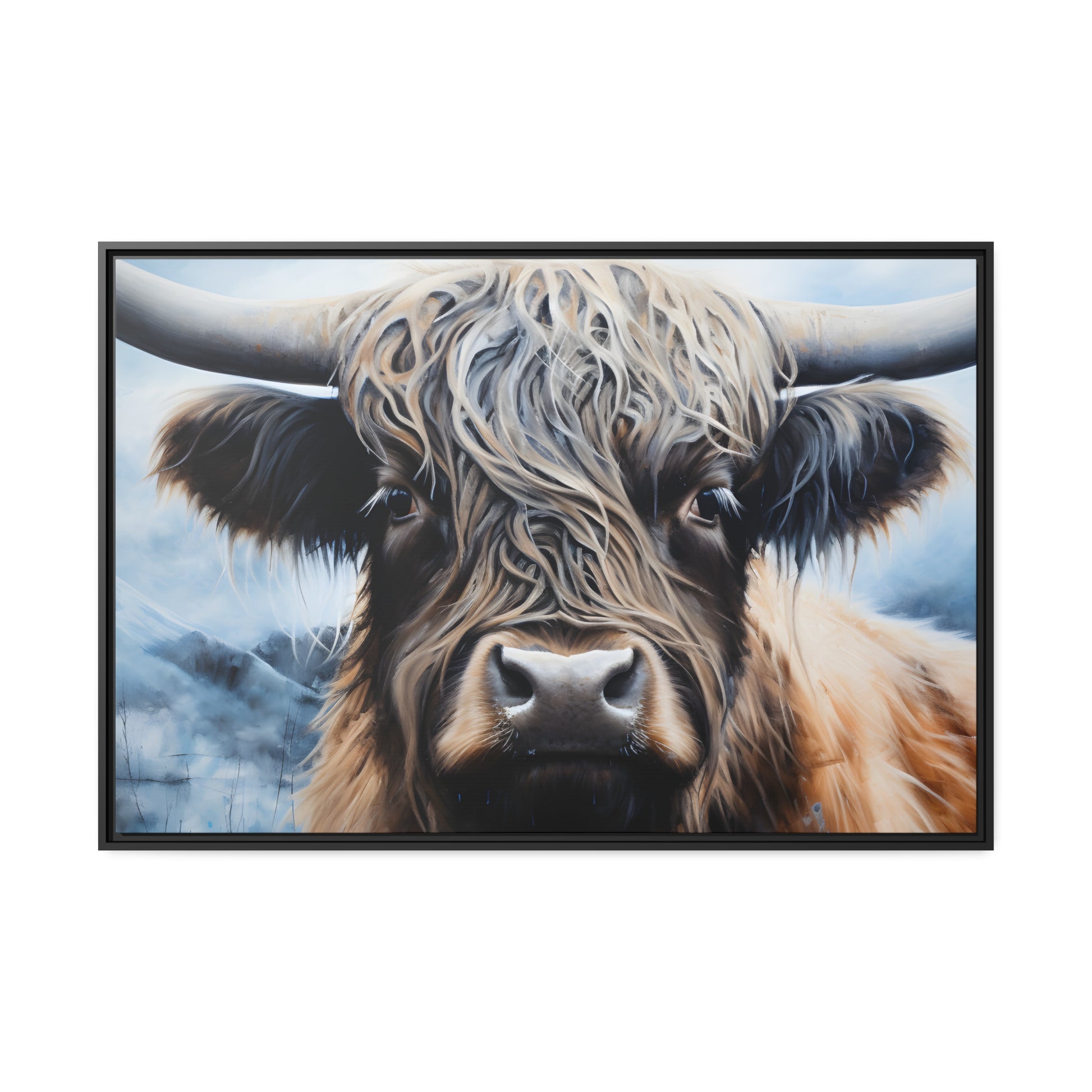 Framed Canvas Artwork Strong Stunning Highlander Bull Emotional Staring Into The Viewer Captivating Highly Detailed Painting Style