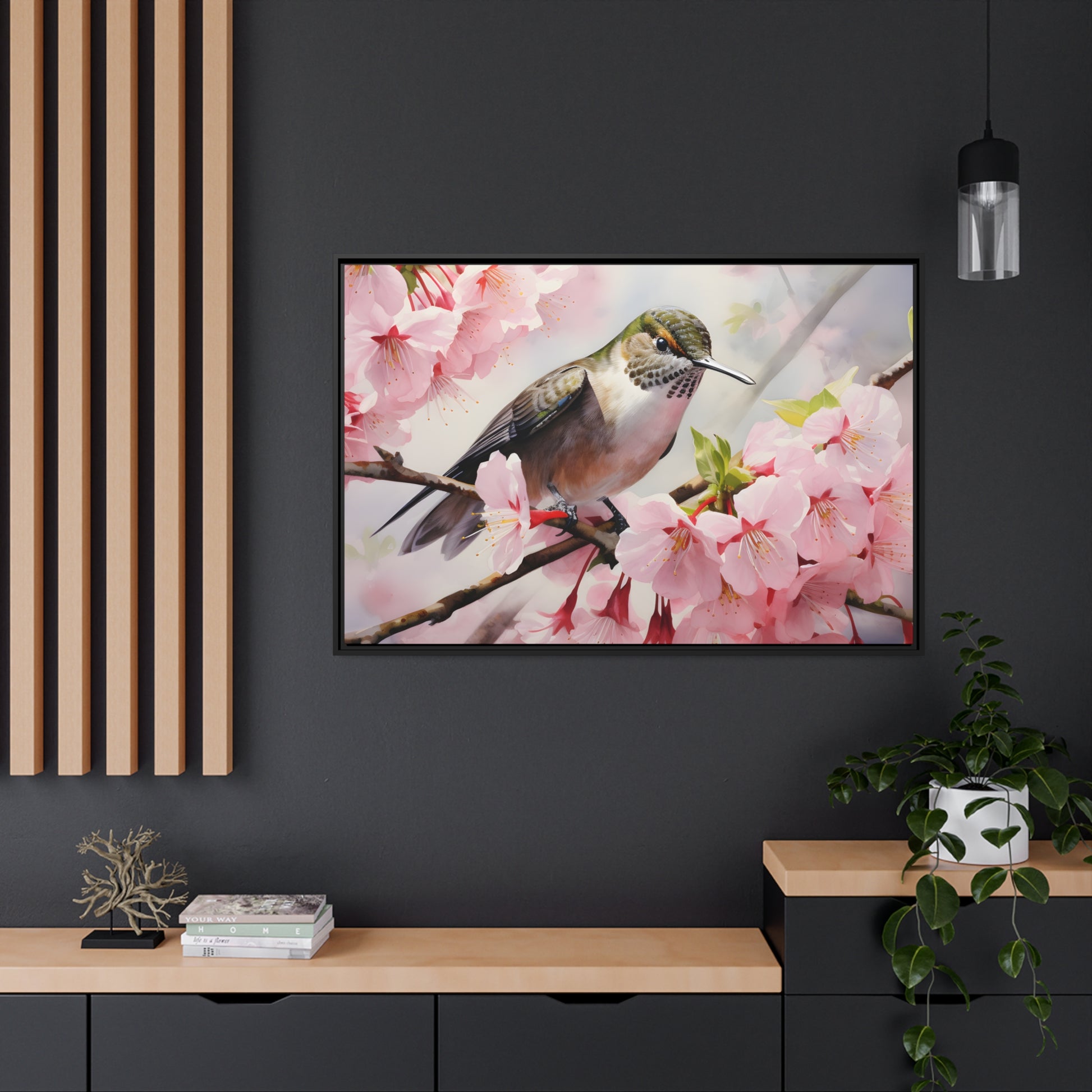 Framed Canvas Artwork Humming Bird Amongst Cherry Blossoms Floating Frame Canvas Artwork