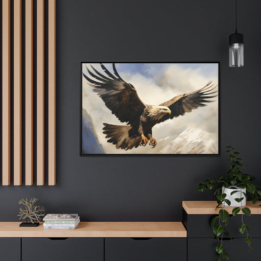 Framed Canvas Artwork Strong Soaring Bald Eagle Snowy Mountains Detailed Painting
