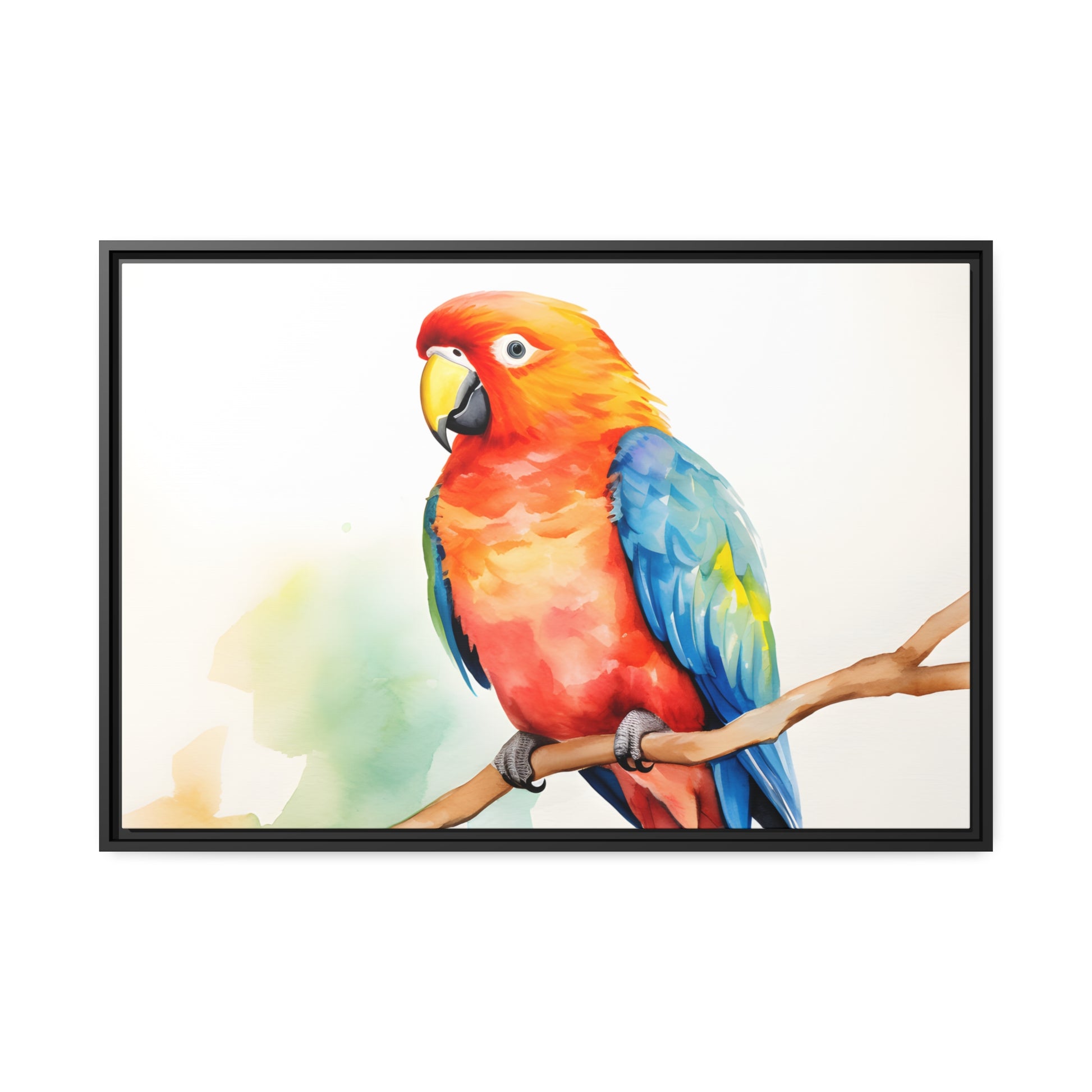 Framed Canvas Artwork Bright Red Parrot With Blue Wings Perched On A Tree Branch Water Color Painting Style