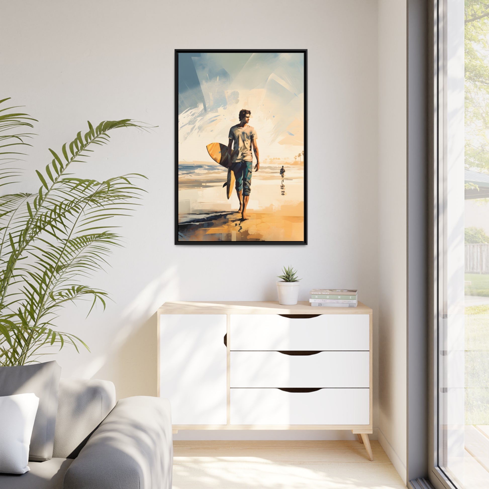 Framed Lifestyle/Ocean Side Artwork Stunning Watercolor Style Framed Painting Waves Surfer Surfing