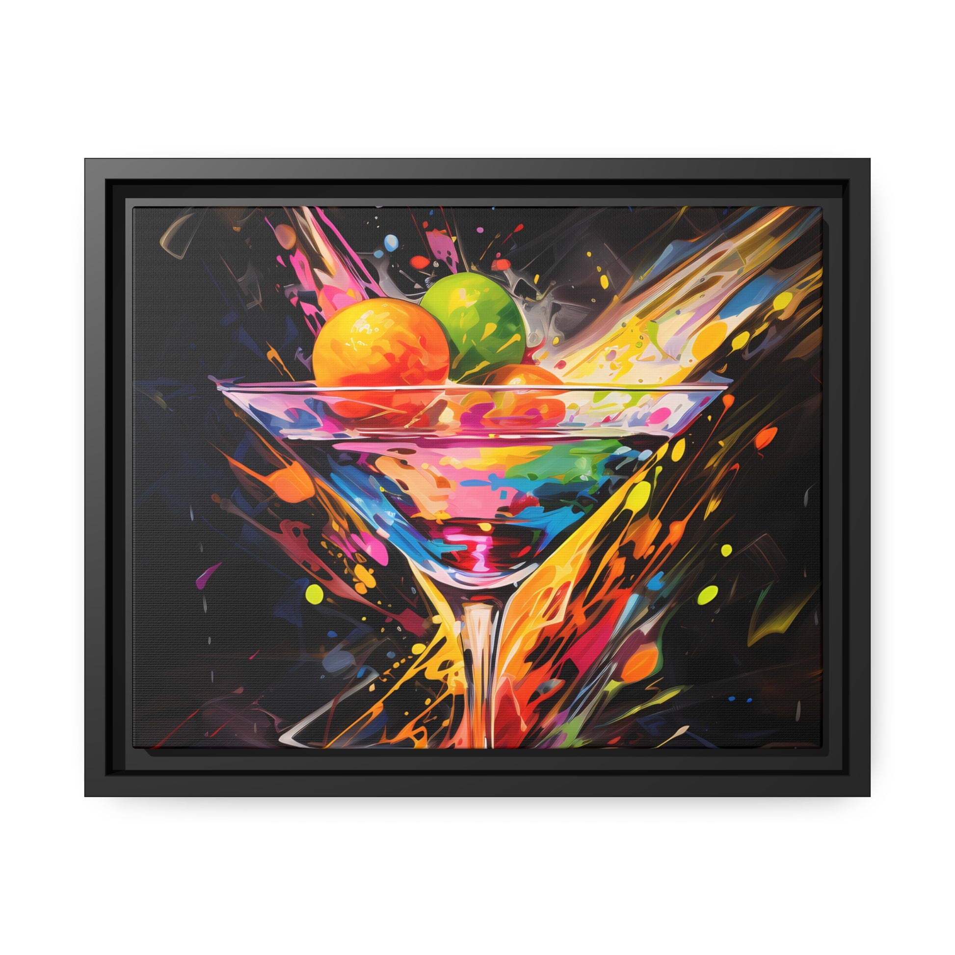 Framed Canvas artwork Bar/Night Life Art Bright Vibrant Neon Splashes Surrounding A Martini Glass Full Of Alcohol On Black Background Framed Canvas Painting Alcohol Art Iced Drink Close Up 