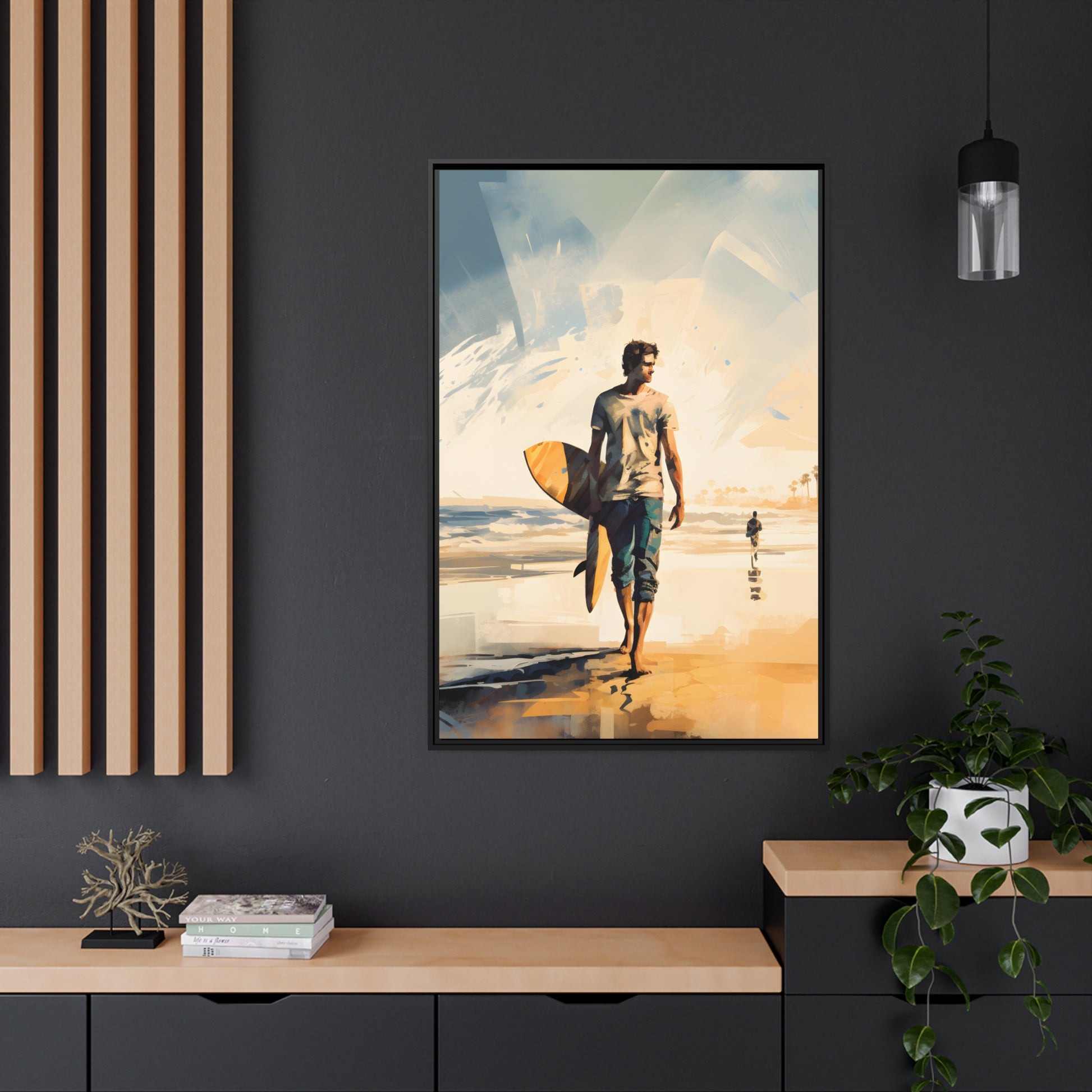Framed Lifestyle/Ocean Side Artwork Stunning Watercolor Style Framed Painting Waves Surfer Surfing