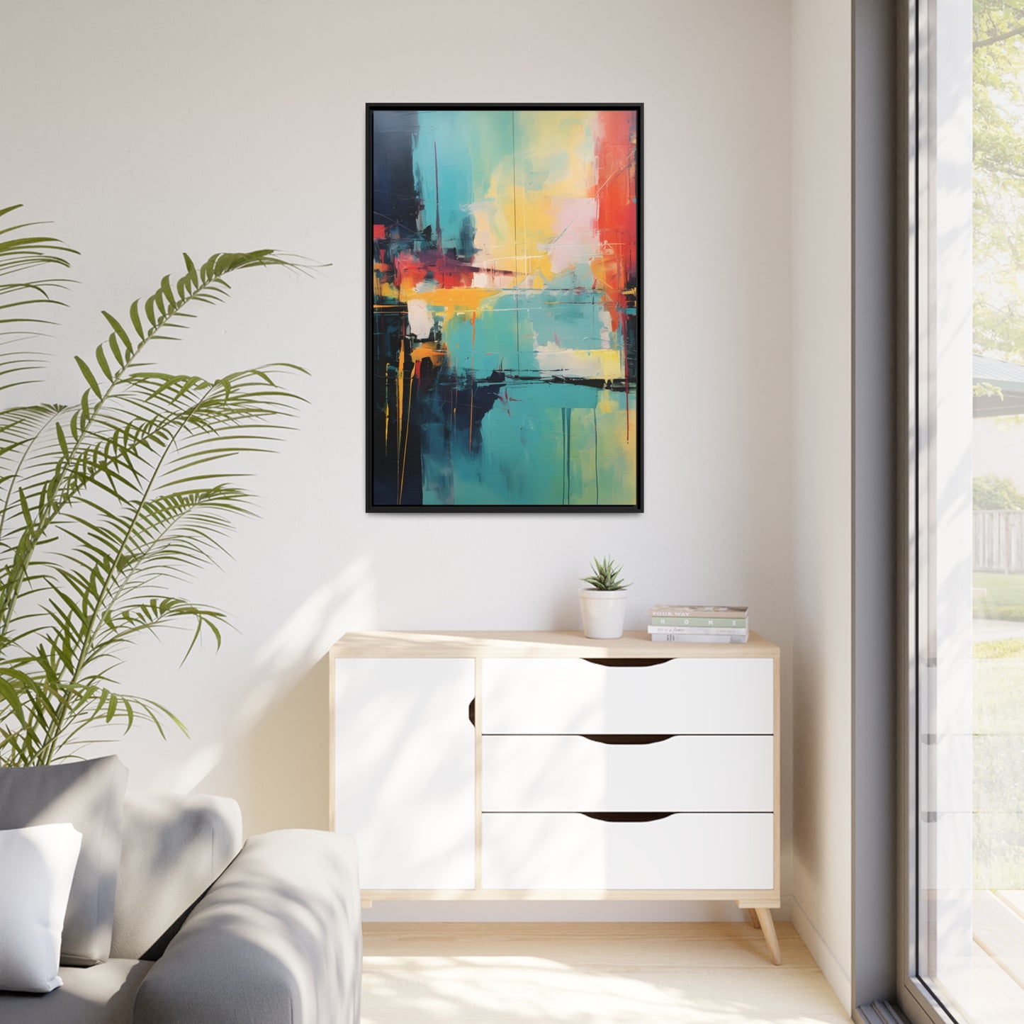 Framed Canvas Abstract Artwork Oil Painting Style Abstract Art Vibrant Colors And Random Shapes Leaving It Open For Interpretation Framed Canvas Nature