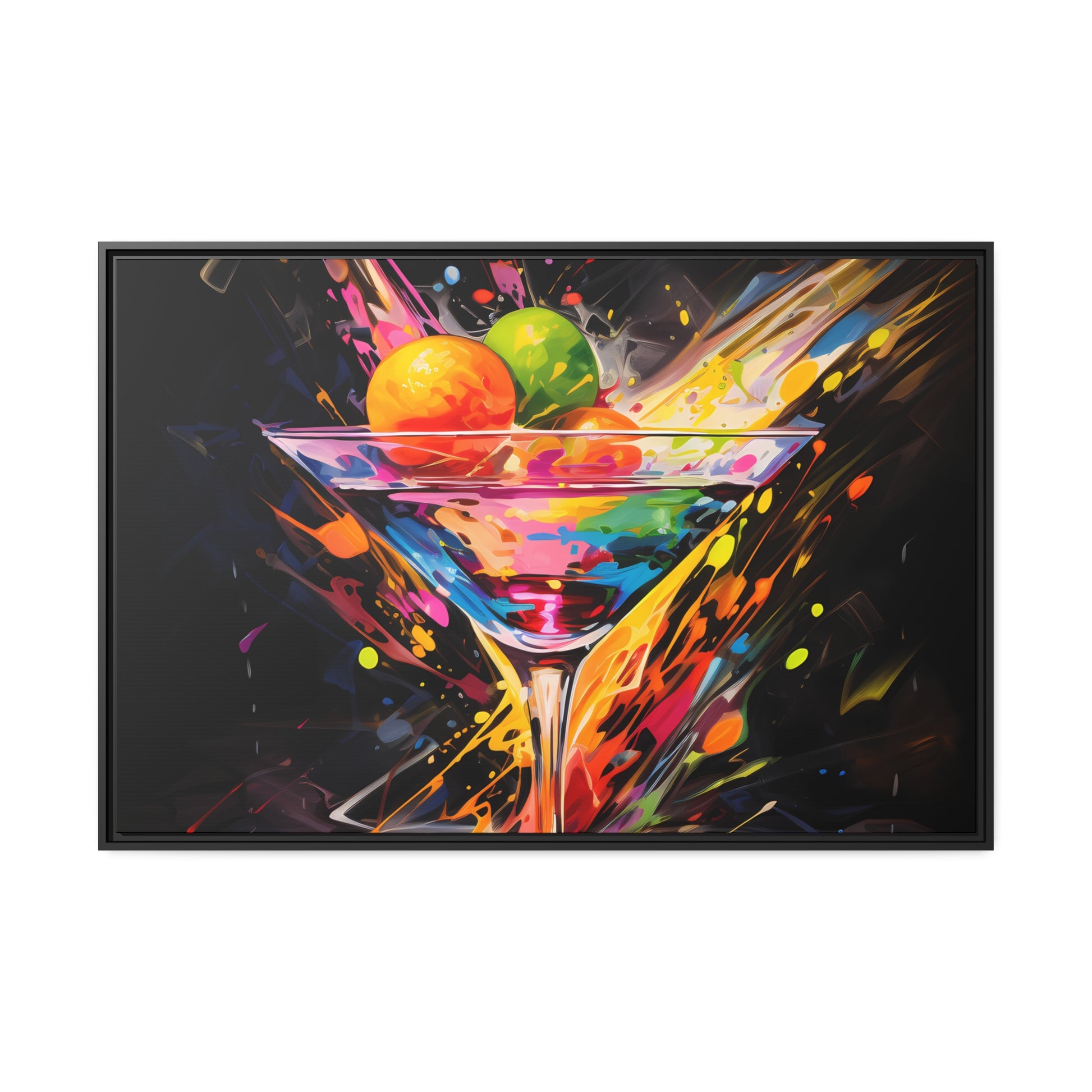 Framed Canvas artwork Bar/Night Life Art Bright Vibrant Neon Splashes Surrounding A Martini Glass Full Of Alcohol On Black Background Framed Canvas Painting Alcohol Art Iced Drink Close Up 