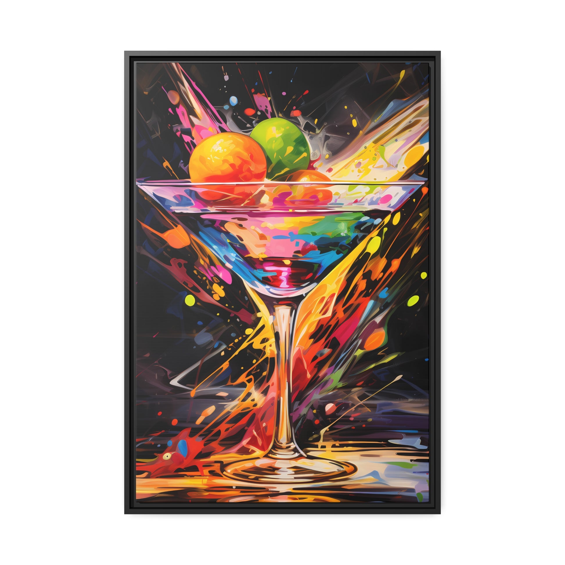 Framed Canvas artwork Bar/Night Life Art Bright Vibrant Neon Splashes Surrounding A Martini Glass Full Of Alcohol On Black Background Framed Canvas Painting Alcohol Art Iced Drink Close Up 