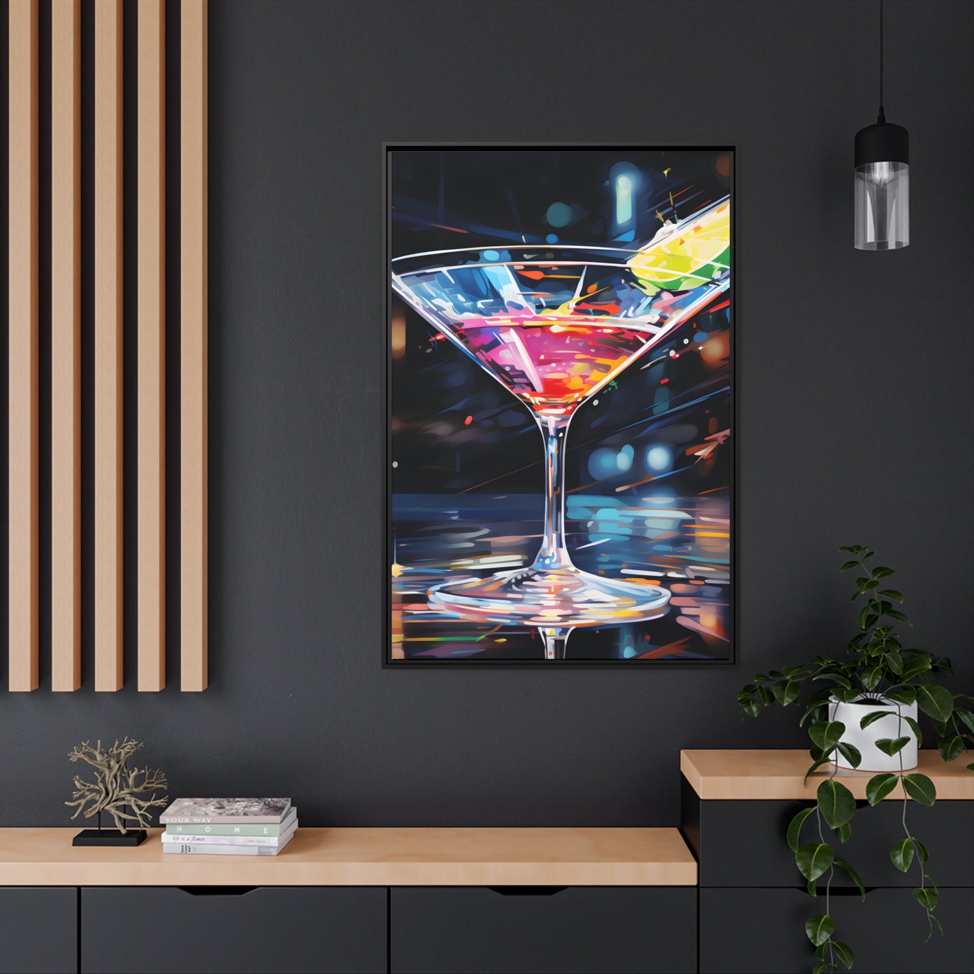 Martini Glass Lined With Lime and a Colorful Drink All in a Watercolor Style Painting Framed Canvas Artwork 32" x 48" Vertical Orientation 