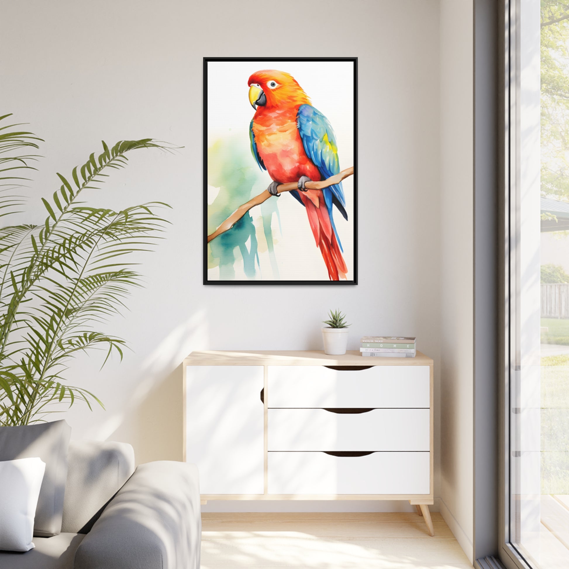 Framed Canvas Artwork Bright Red Parrot With Blue Wings Perched On A Tree Branch Water Color Painting Style