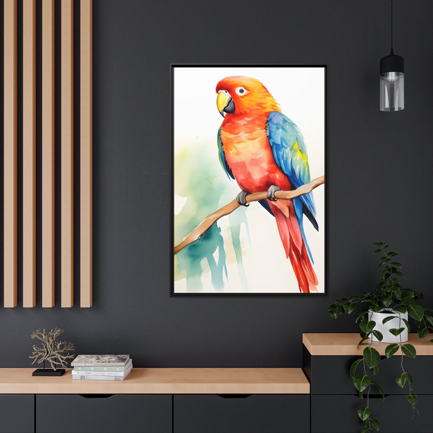 Framed Canvas Artwork Bright Red Parrot With Blue Wings Perched On A Tree Branch Water Color Painting Style