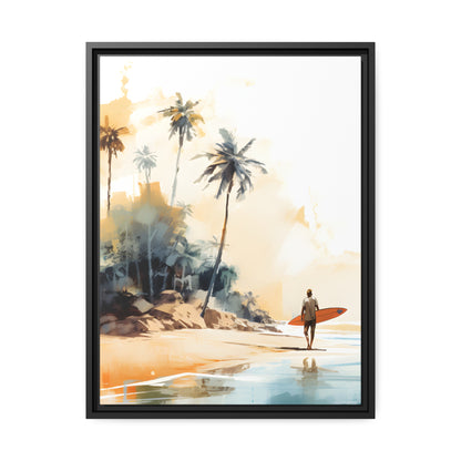 Framed Canvas Artwork Beach Ocean Surfing Art Surfer Walking Up The Beach Holding Surfboard Palm Trees Sets The Tone Floating Frame Canvas Artwork